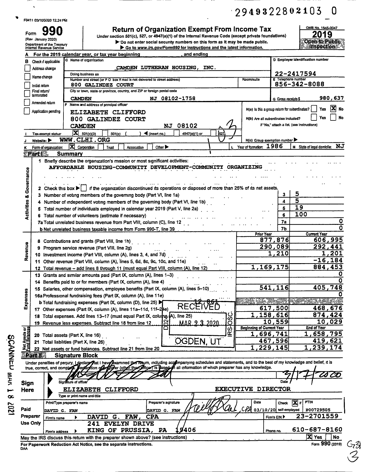 Image of first page of 2019 Form 990 for Camden Lutheran Housing