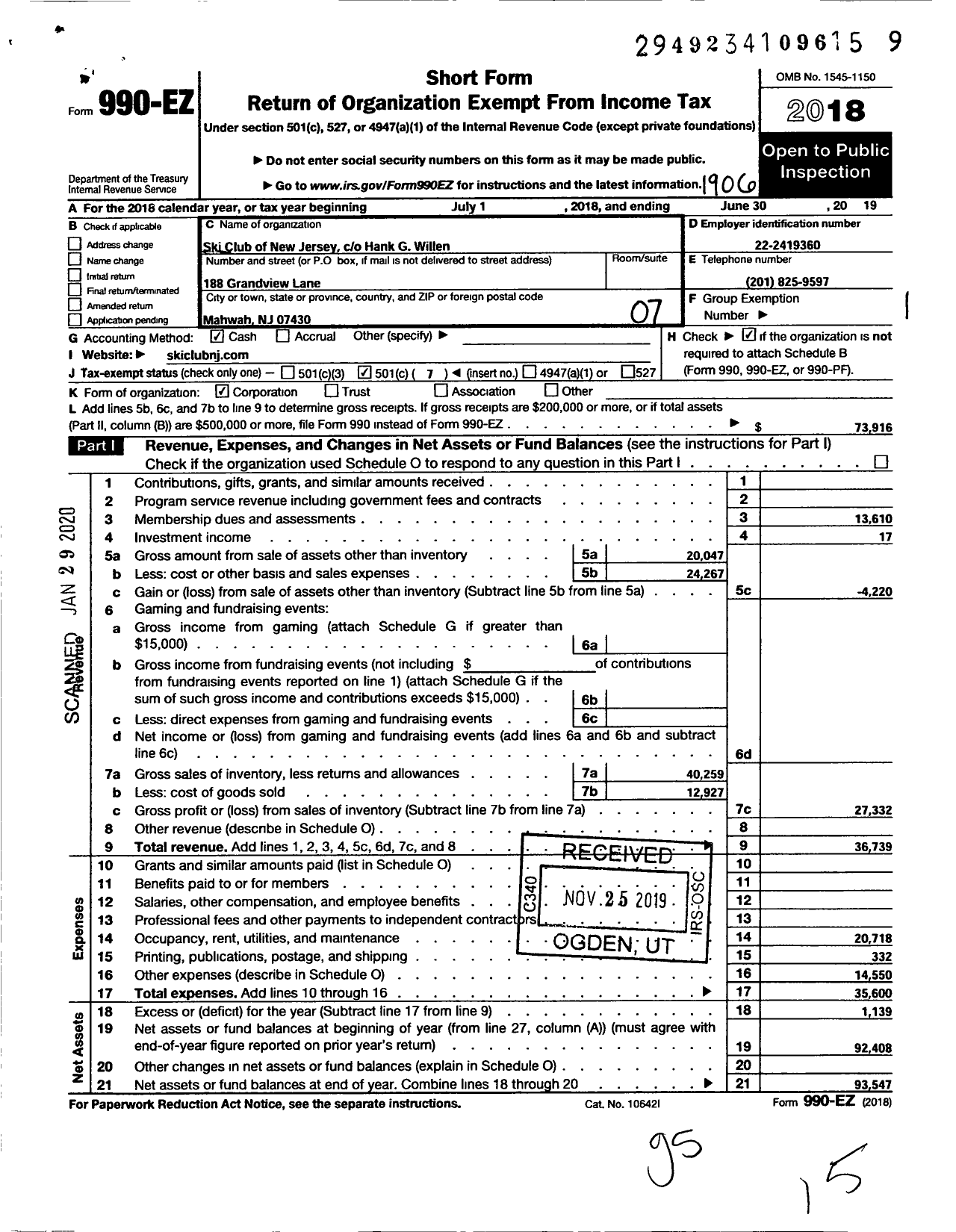 Image of first page of 2018 Form 990EO for Ski Club of New Jersey