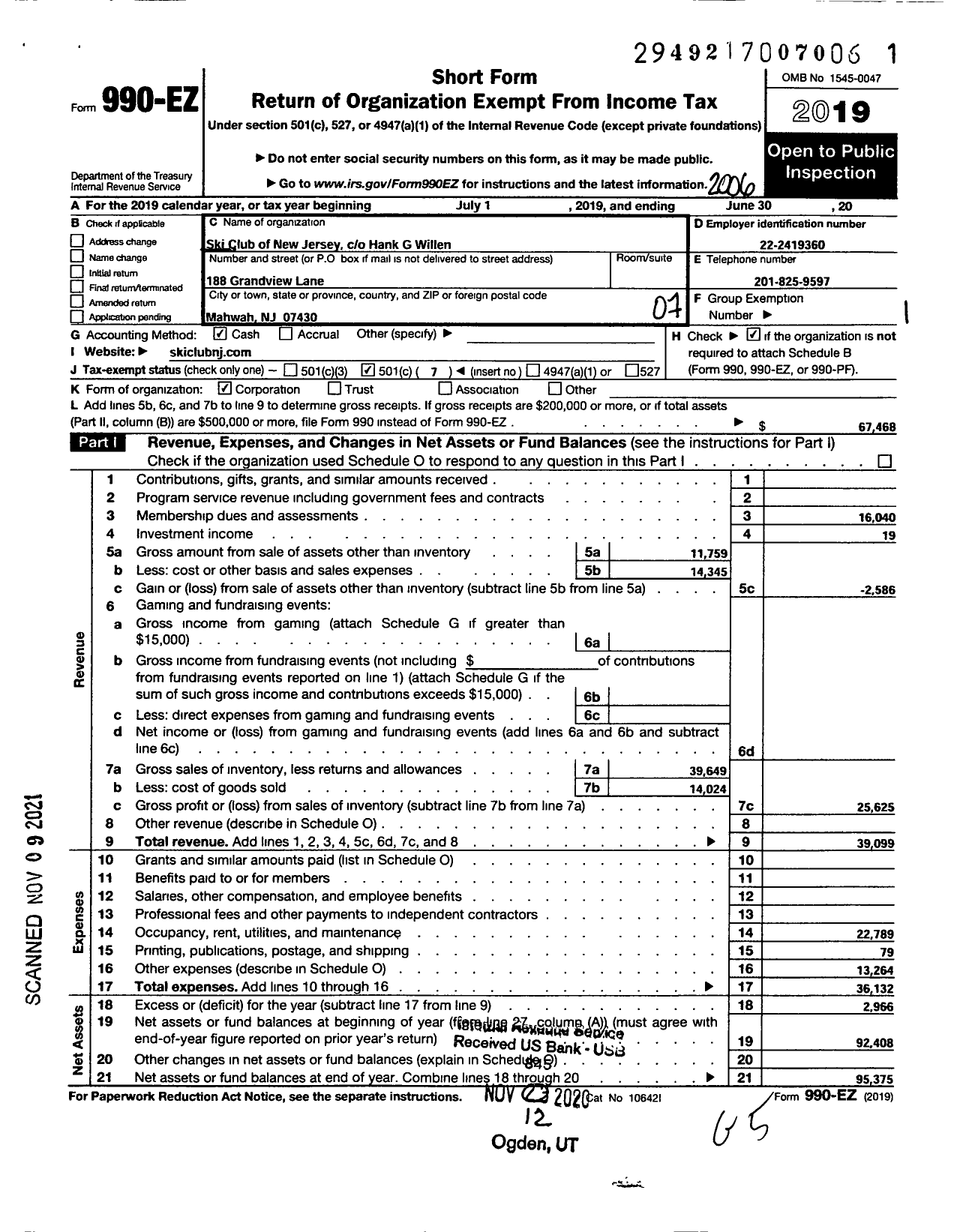 Image of first page of 2019 Form 990EO for Ski Club of New Jersey