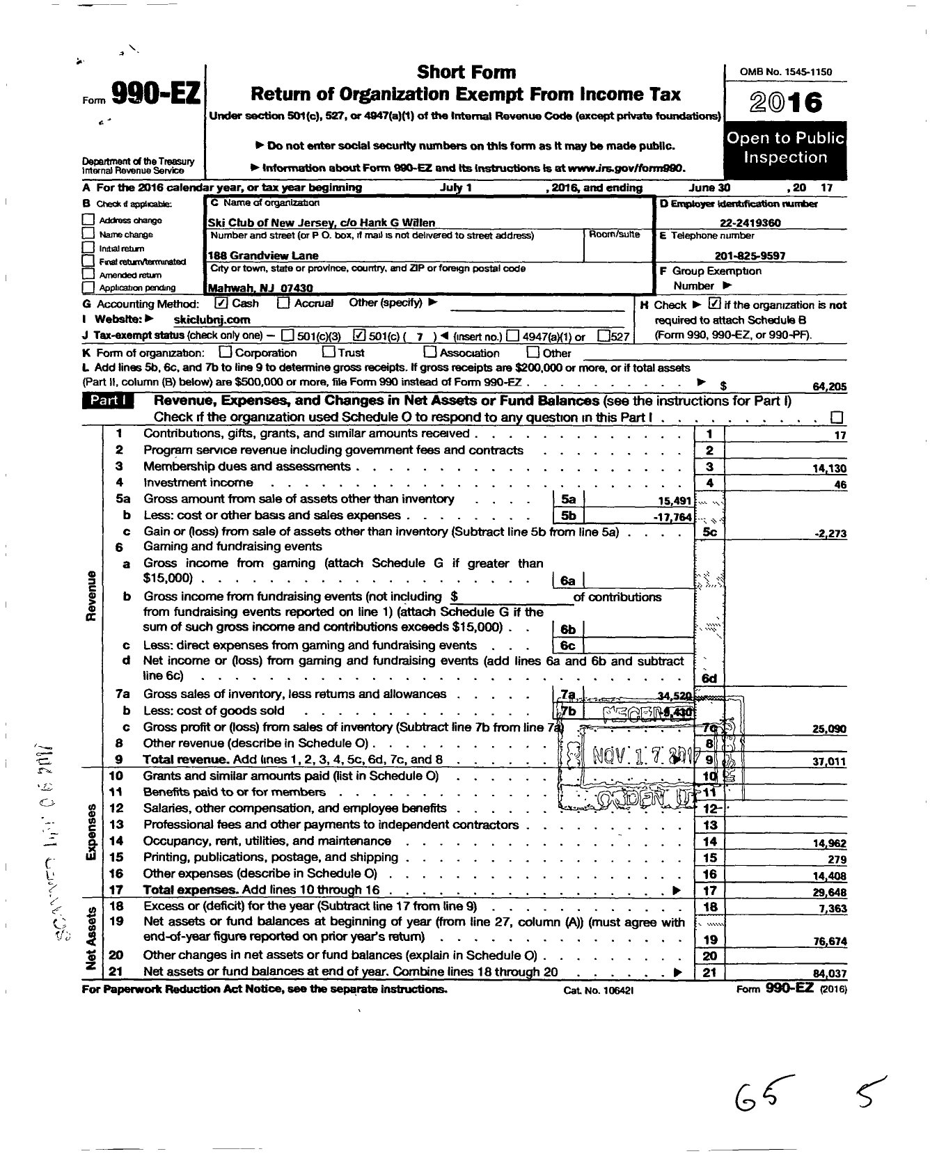 Image of first page of 2016 Form 990EO for Ski Club of New Jersey