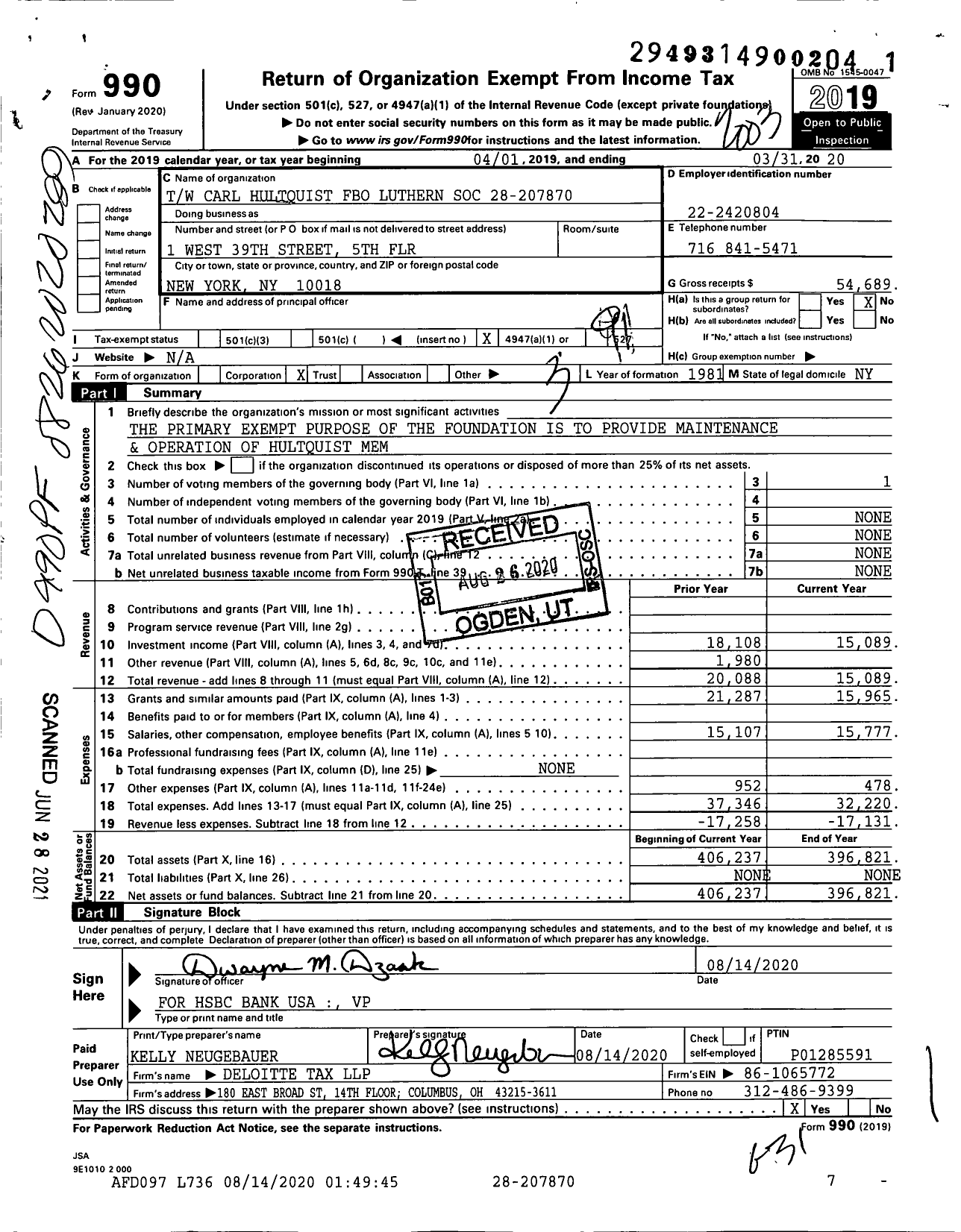 Image of first page of 2019 Form 990O for TW Carl Hultquist Fbo Luthern Soc 28-207870