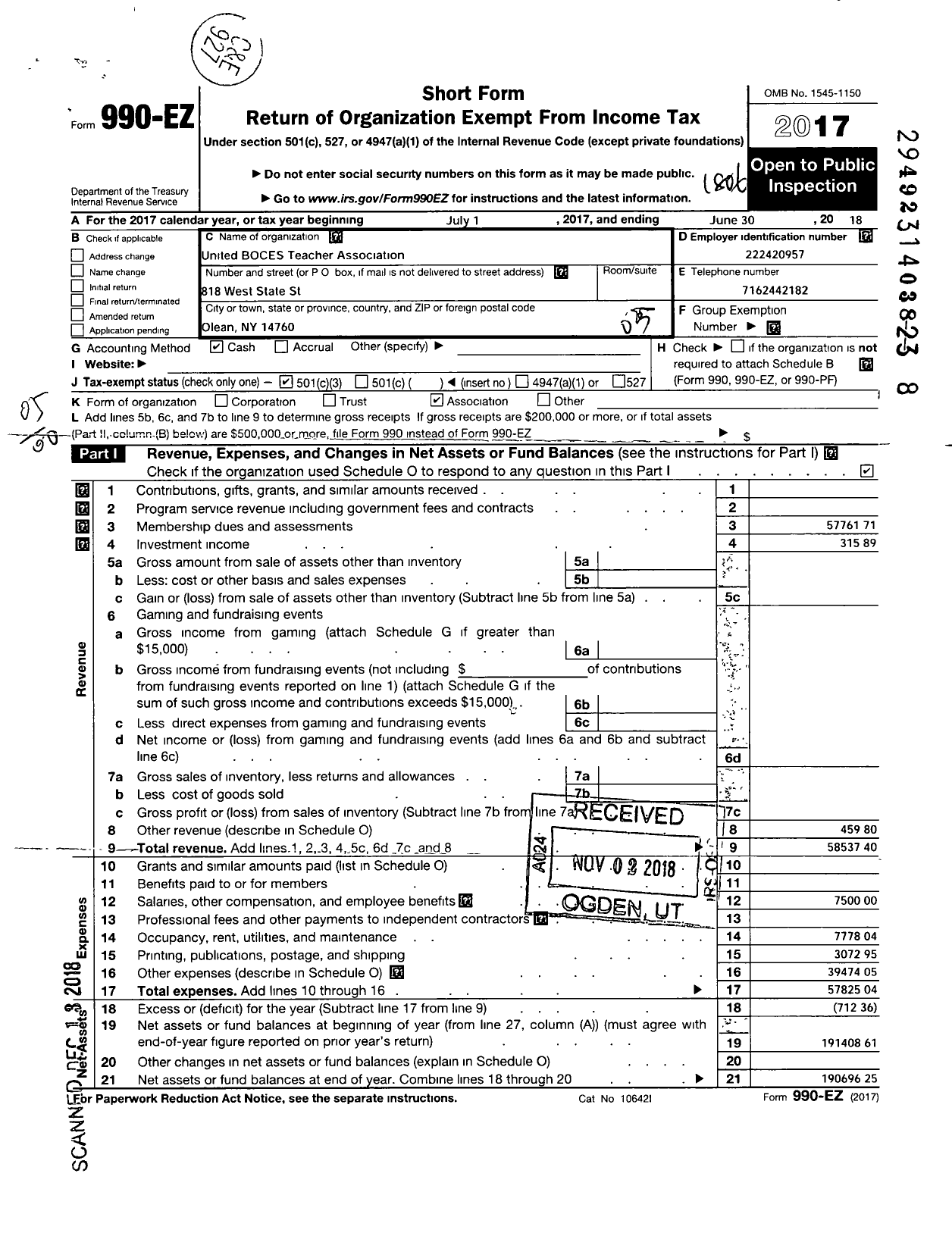 Image of first page of 2017 Form 990EO for American Federation of Teachers - 2547 United Boces Teachers Assoc