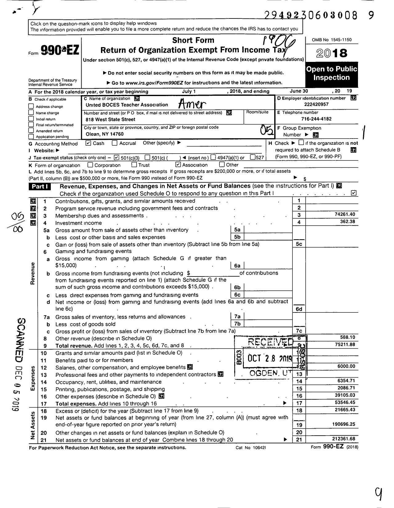 Image of first page of 2018 Form 990EO for American Federation of Teachers - 2547 United Boces Teachers Assoc