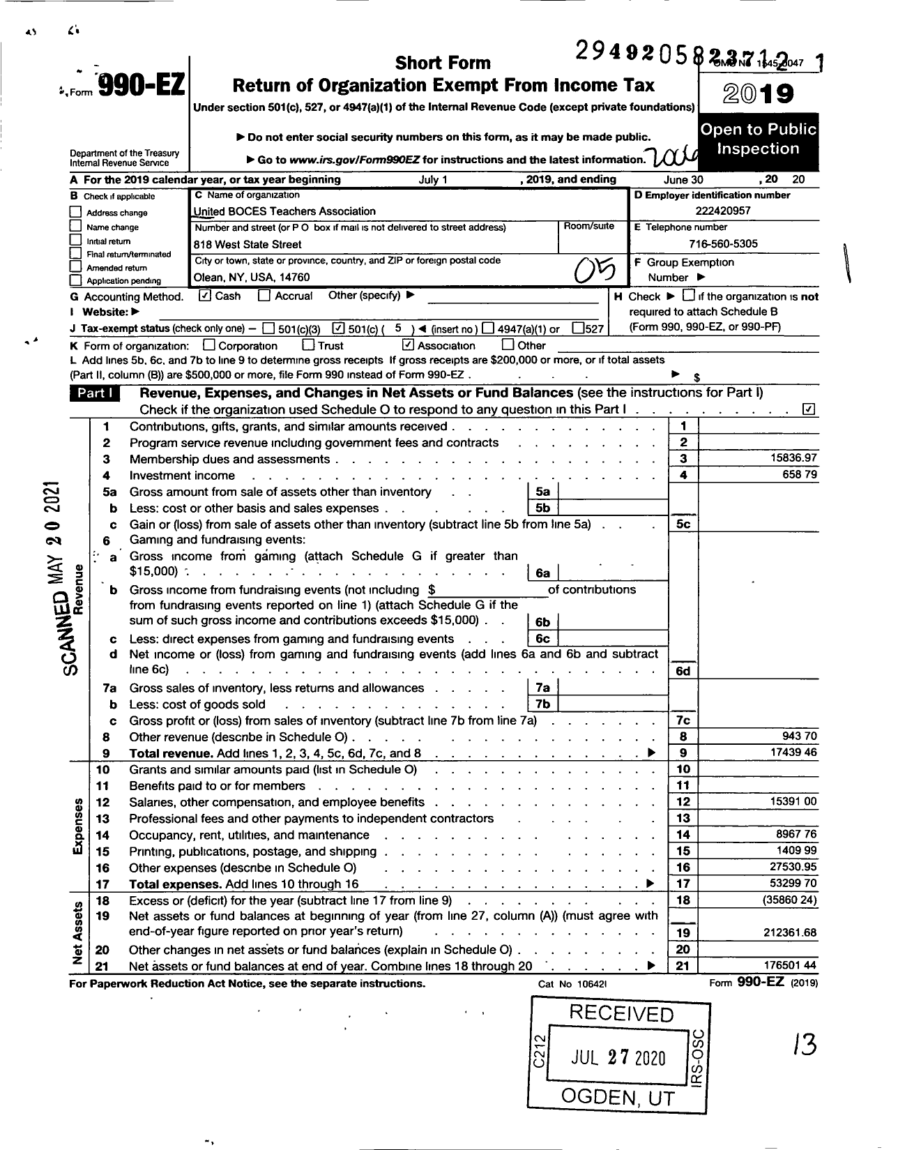 Image of first page of 2019 Form 990EO for American Federation of Teachers - 2547 United Boces Teachers Assoc