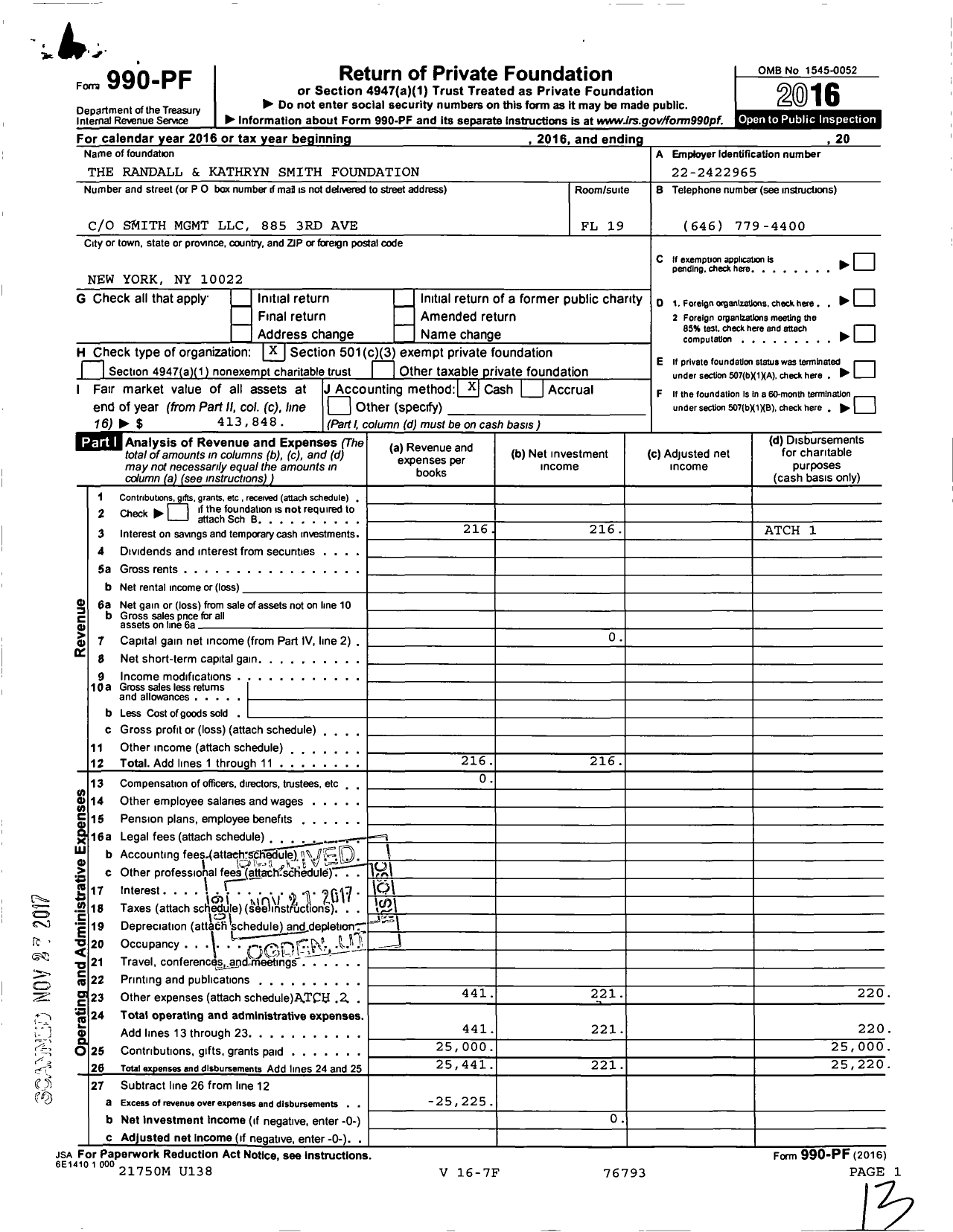 Image of first page of 2016 Form 990PF for The Randall and Kathryn Smith Foundation