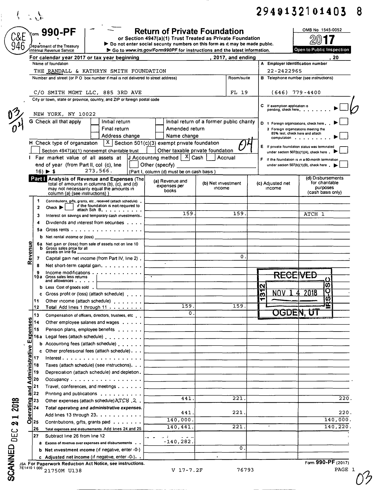 Image of first page of 2017 Form 990PF for The Randall and Kathryn Smith Foundation
