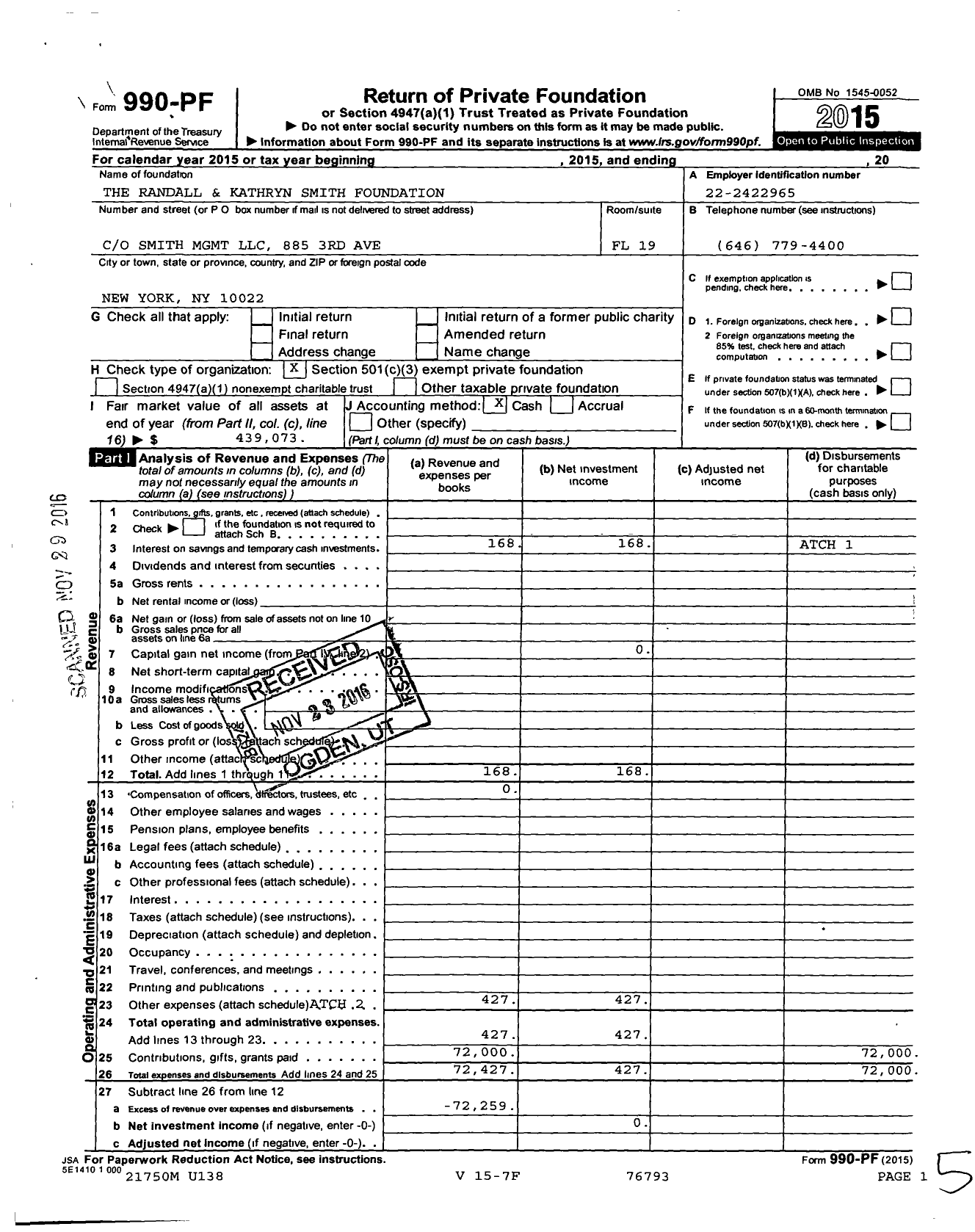 Image of first page of 2015 Form 990PF for The Randall and Kathryn Smith Foundation