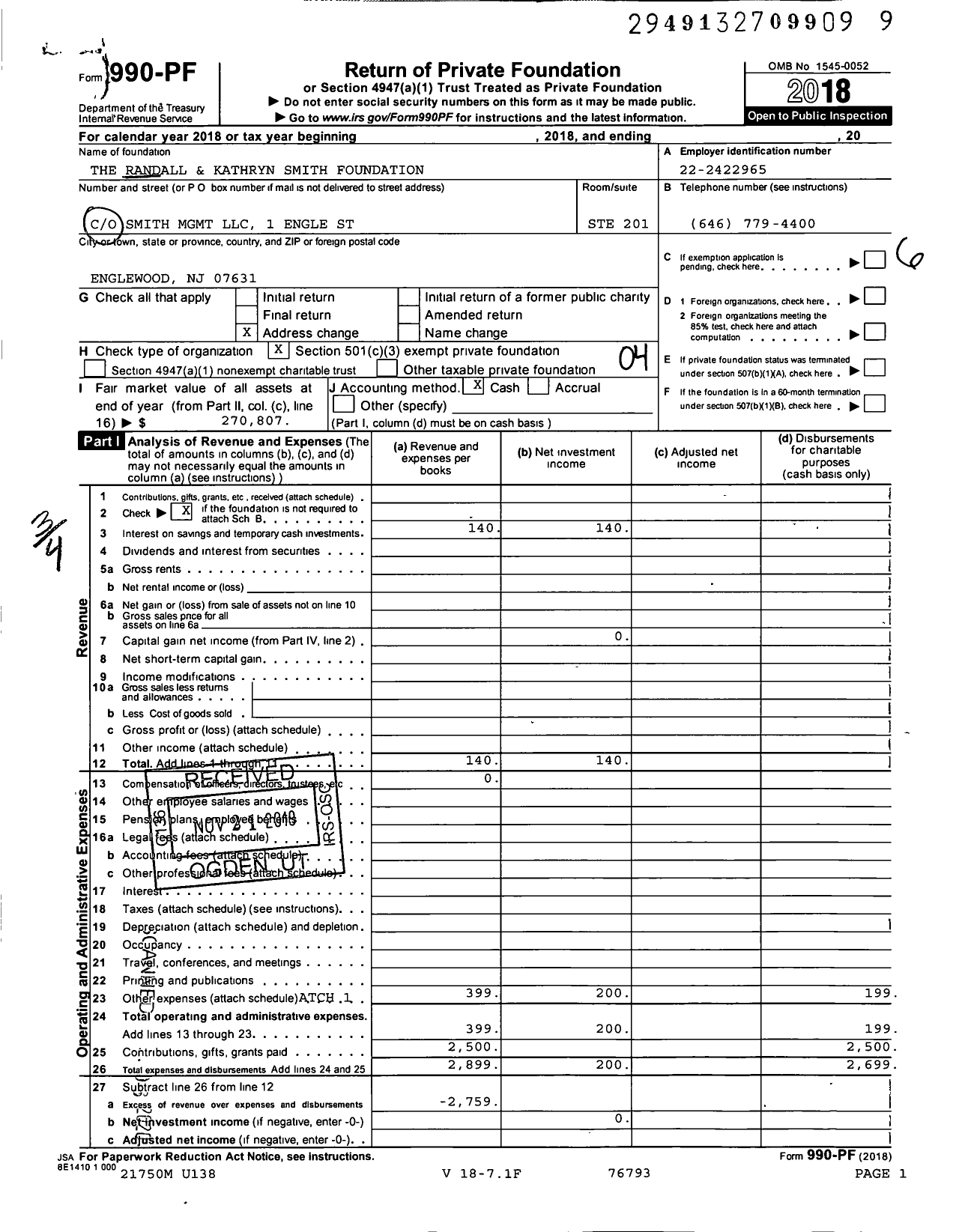 Image of first page of 2018 Form 990PF for The Randall and Kathryn Smith Foundation