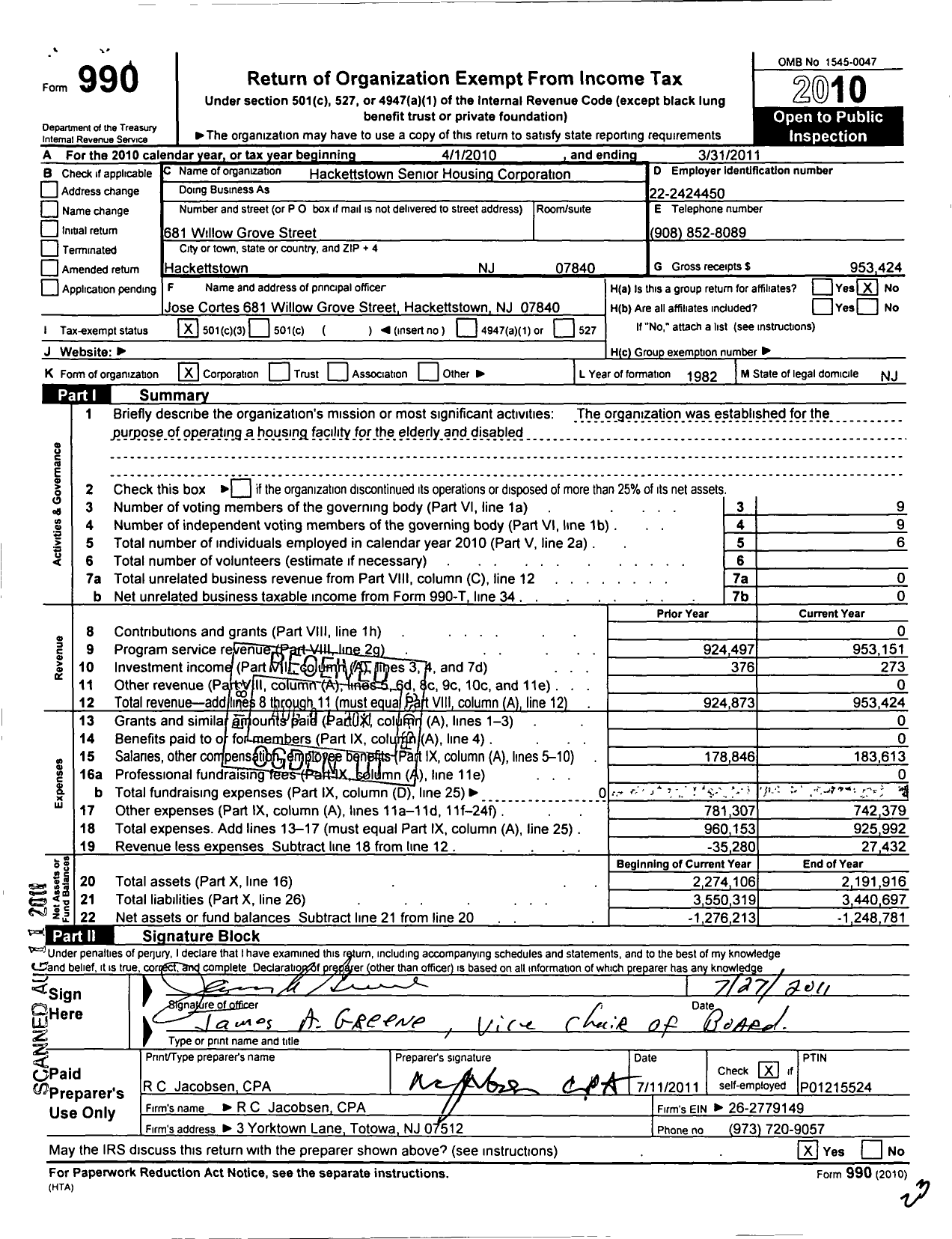 Image of first page of 2010 Form 990 for Hackettstown Senior Housing Corporation