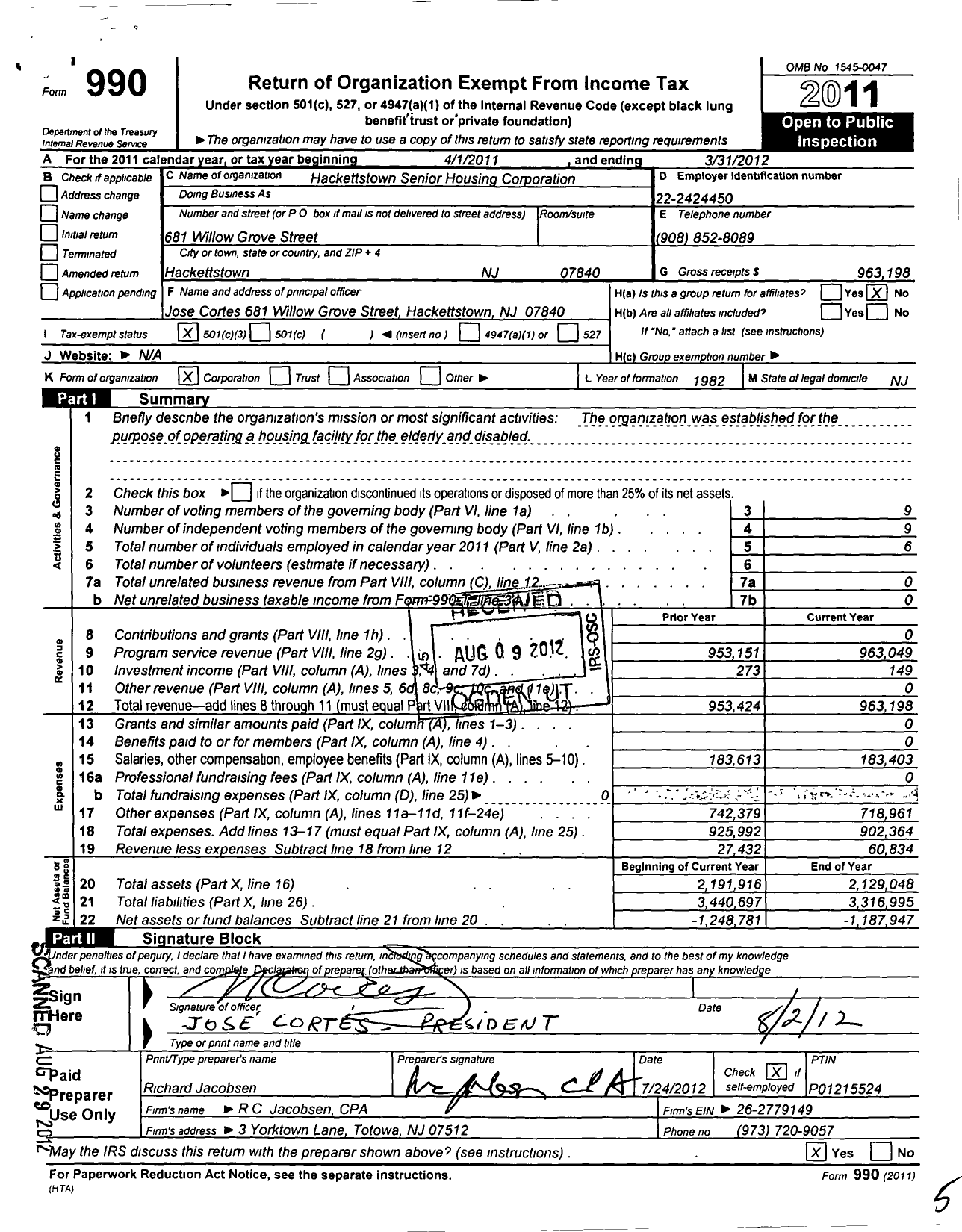 Image of first page of 2011 Form 990 for Hackettstown Senior Housing Corporation