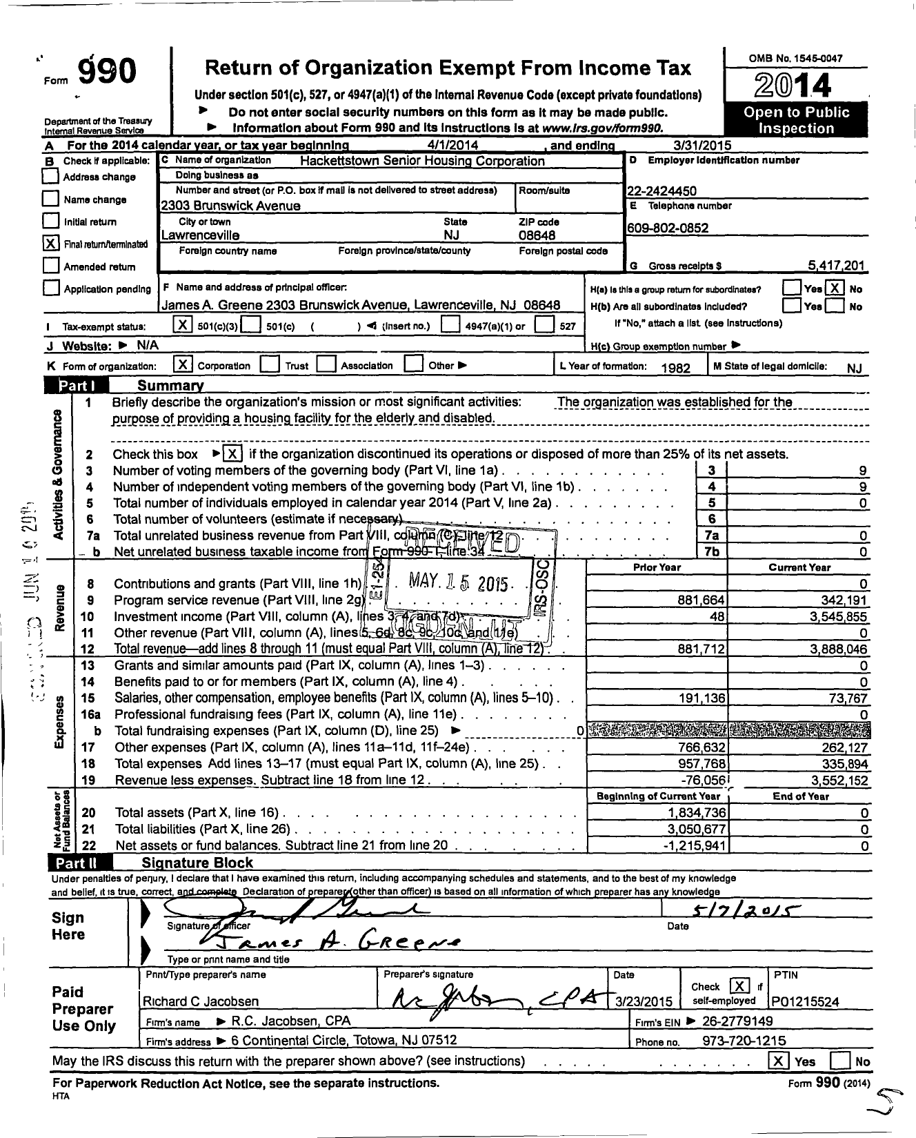 Image of first page of 2014 Form 990 for Hackettstown Senior Housing Corporation