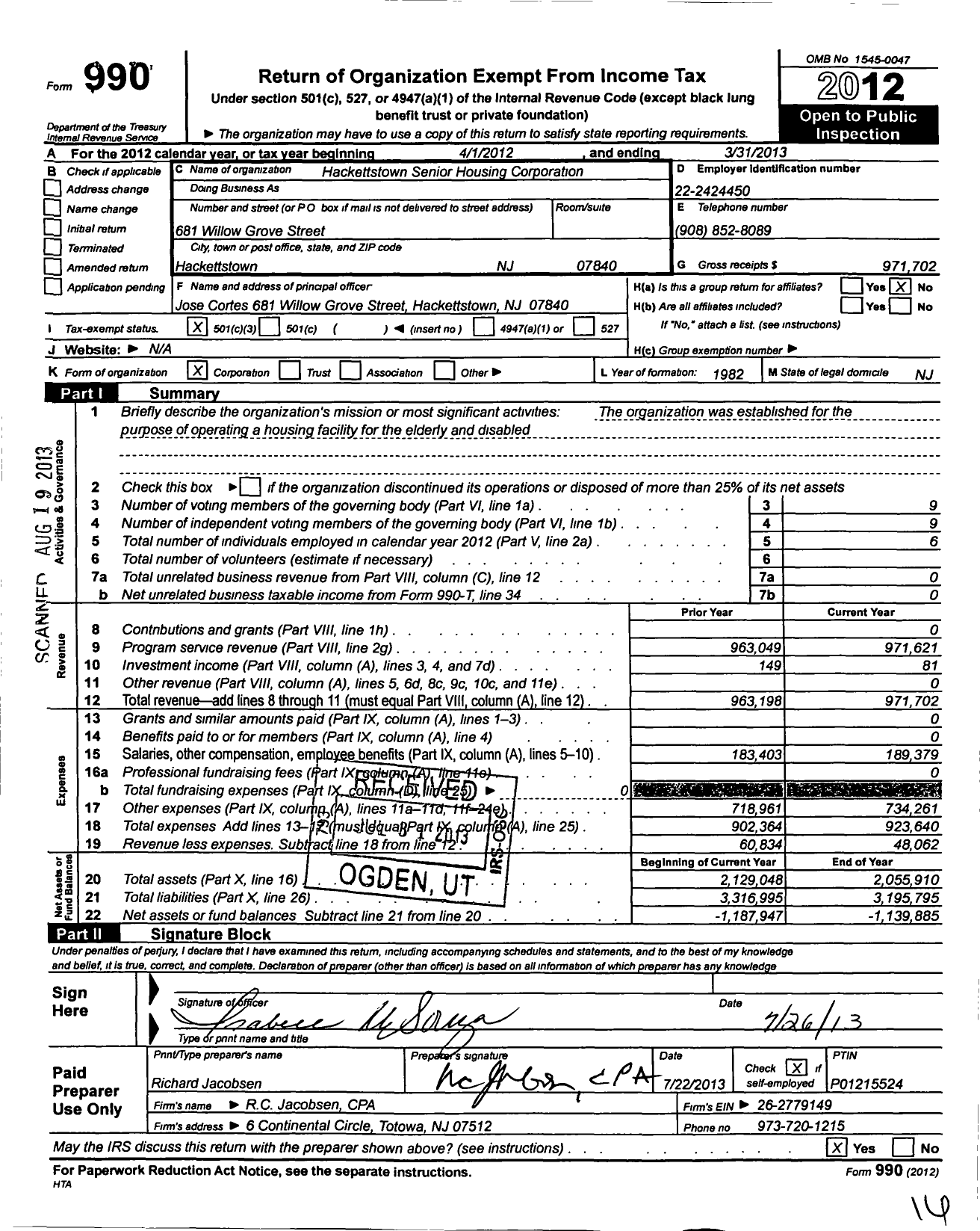 Image of first page of 2012 Form 990 for Hackettstown Senior Housing Corporation