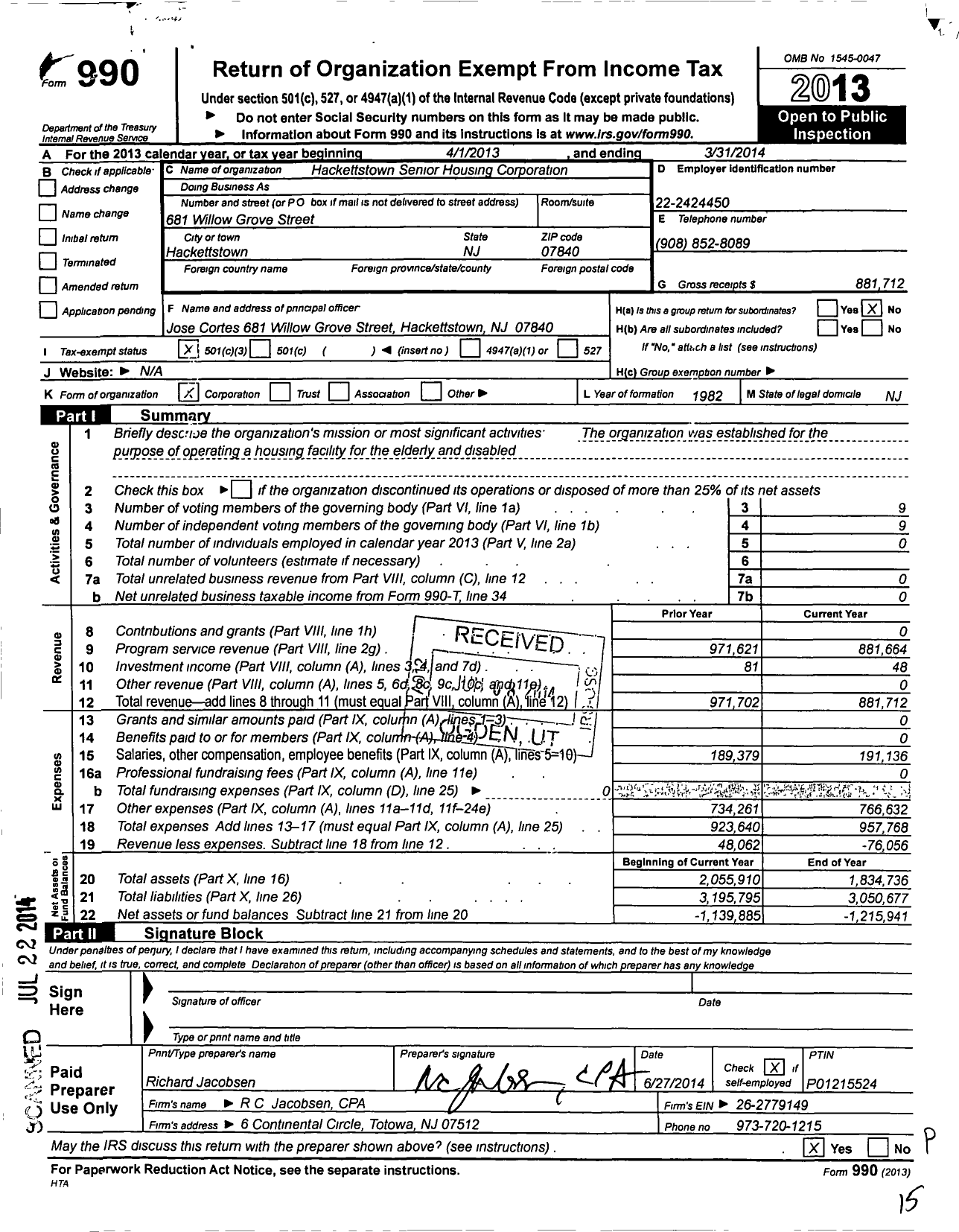 Image of first page of 2013 Form 990 for Hackettstown Senior Housing Corporation