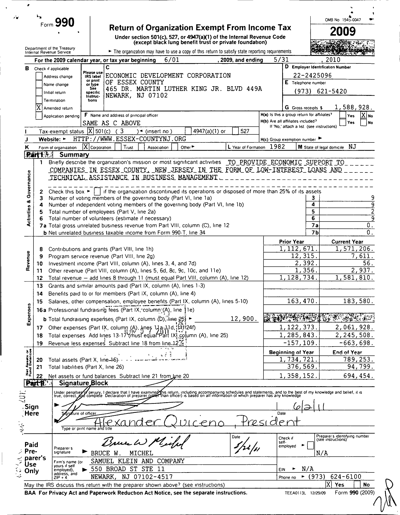 Image of first page of 2009 Form 990 for Essex County Economic Development Corporation