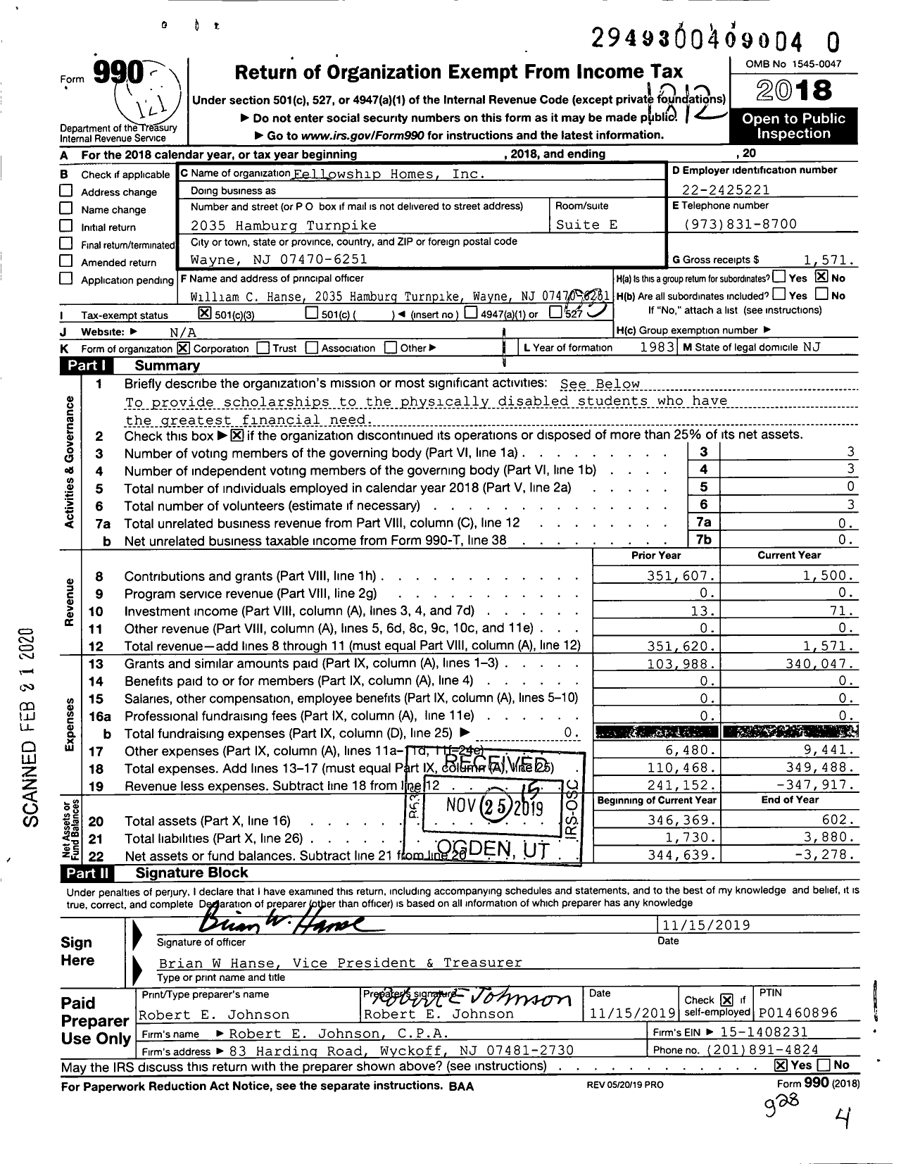 Image of first page of 2018 Form 990 for Fellowship Homes