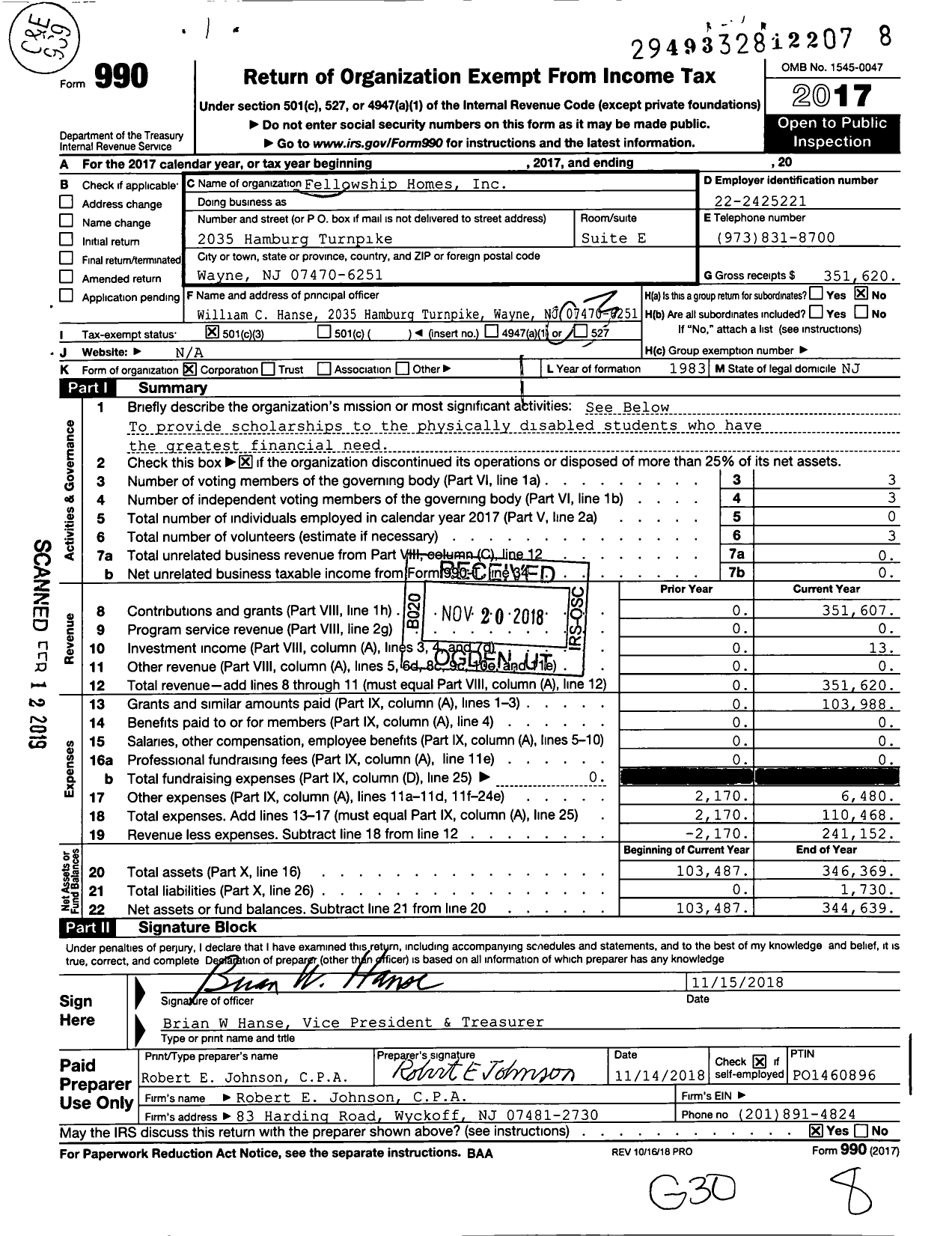 Image of first page of 2017 Form 990 for Fellowship Homes