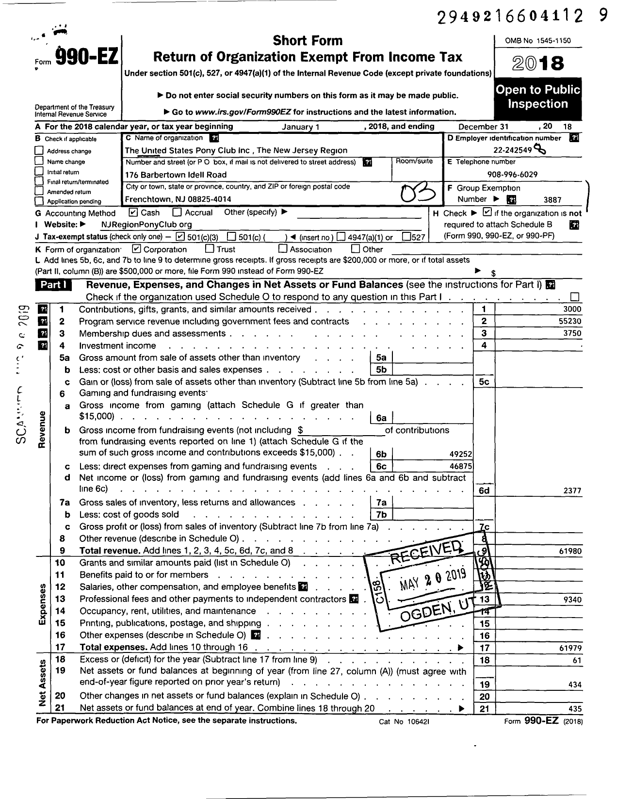 Image of first page of 2018 Form 990EZ for The United States Pony Club New Jersey Region