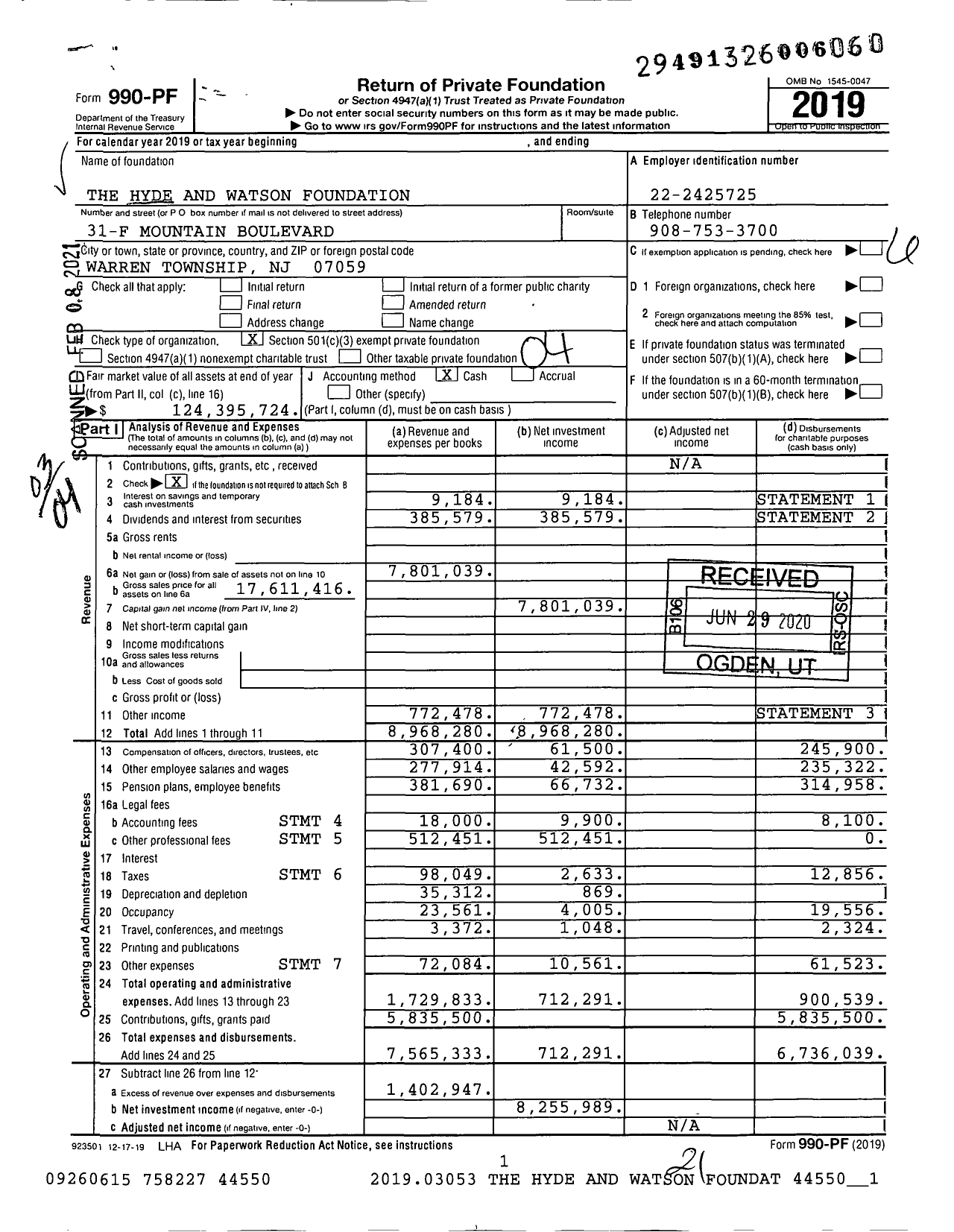 Image of first page of 2019 Form 990PF for Hyde and Watson Foundation