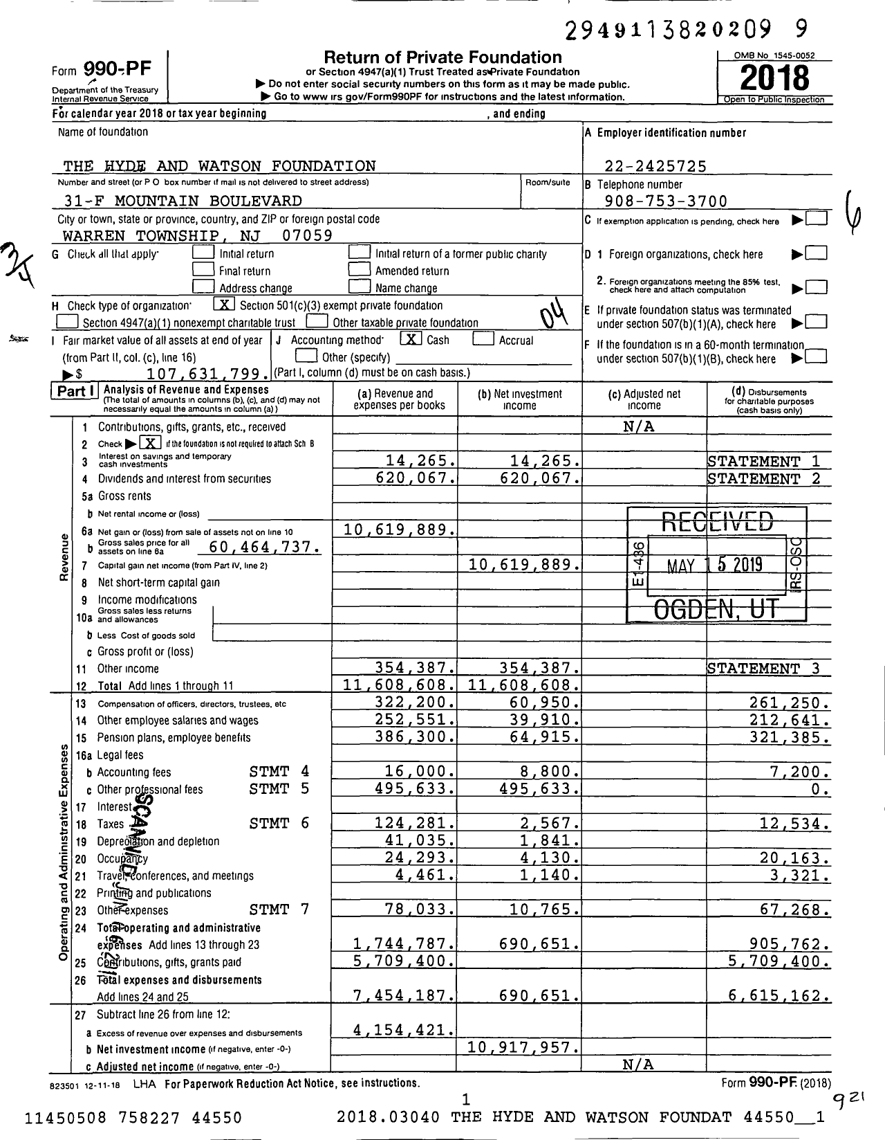 Image of first page of 2018 Form 990PF for Hyde and Watson Foundation