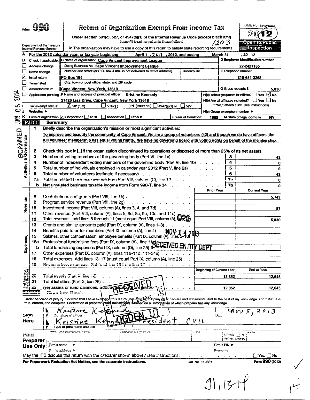 Image of first page of 2011 Form 990 for Cape Vincent Improvement League