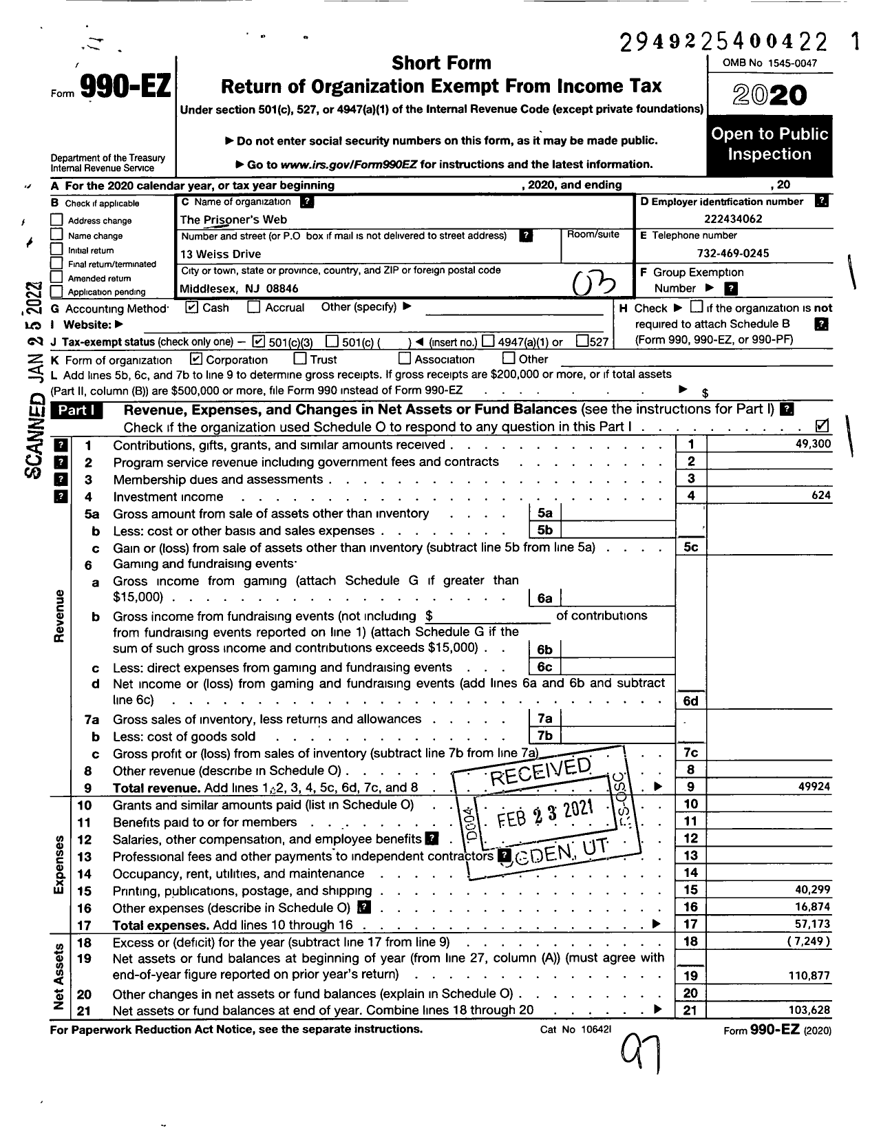 Image of first page of 2020 Form 990EZ for Prisoners Web