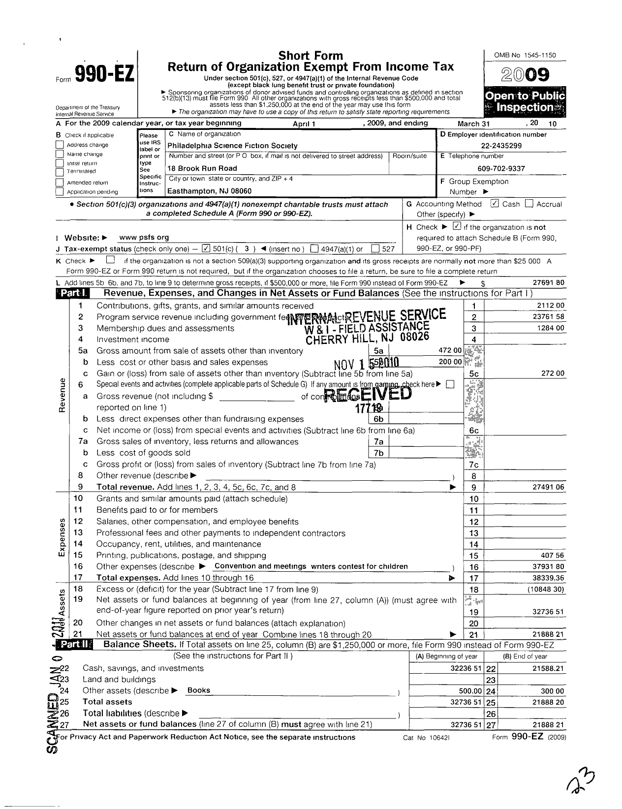 Image of first page of 2009 Form 990EZ for Philadelphia Science Fiction Society