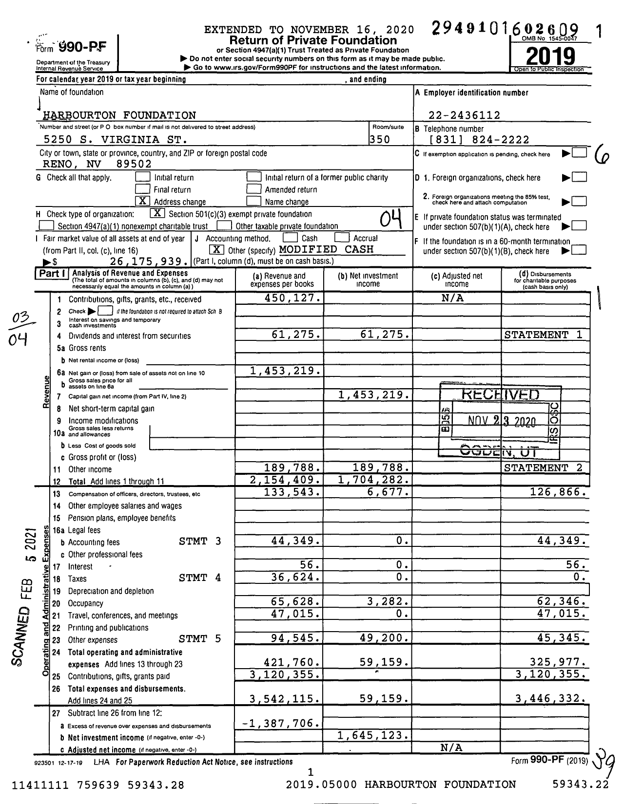 Image of first page of 2019 Form 990PF for Harbourton Foundation