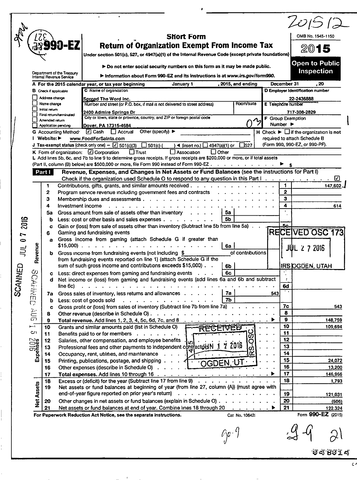 Image of first page of 2015 Form 990EZ for Spread the Word