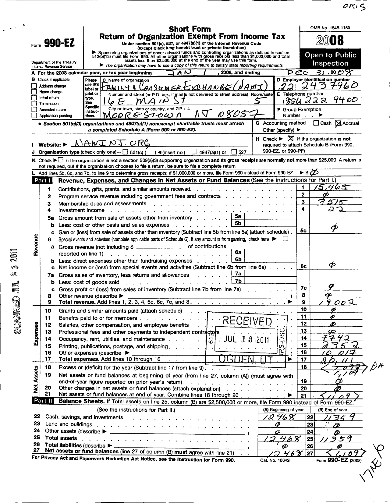 Image of first page of 2008 Form 990EO for Nami Burlington County NJ A NJ Nonprofit Corporation