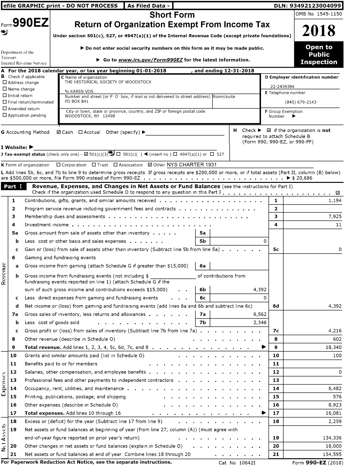 Image of first page of 2018 Form 990EZ for The Historical Society of Woodstock