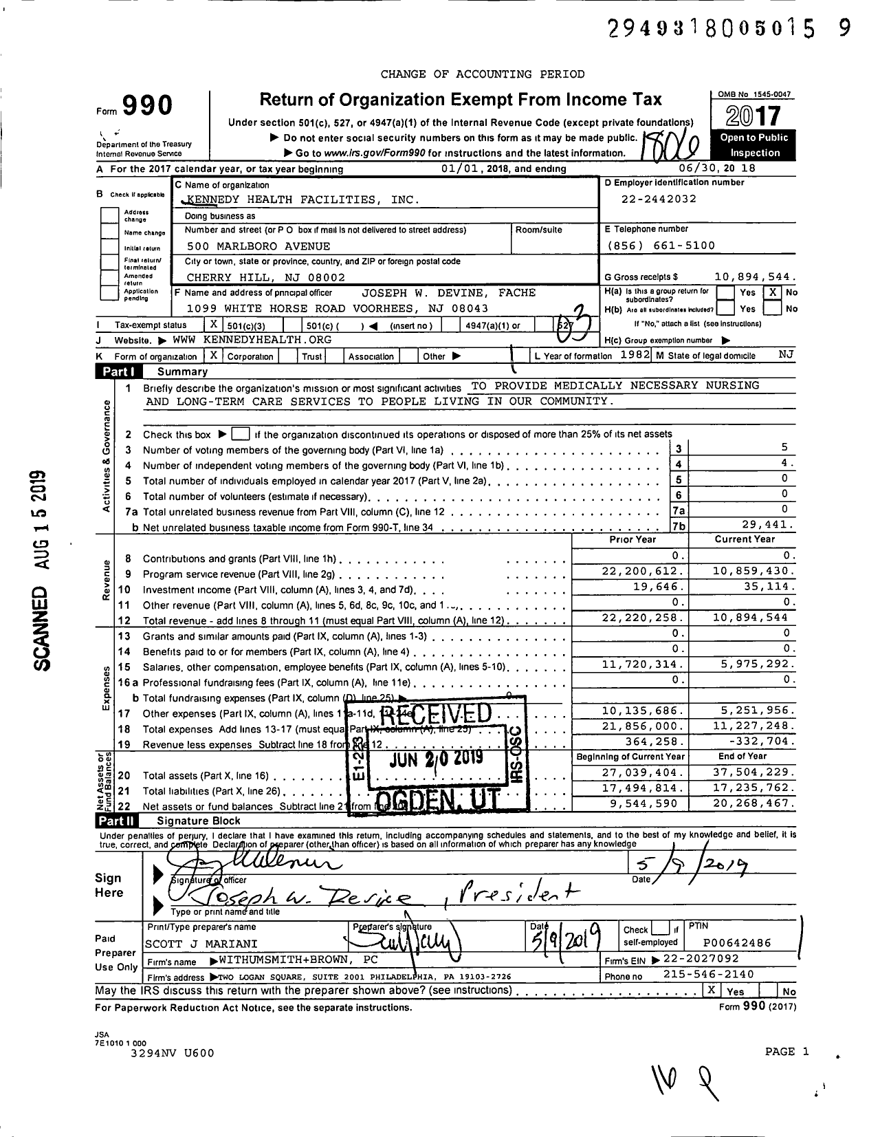 Image of first page of 2017 Form 990 for Kennedy Health Facilities
