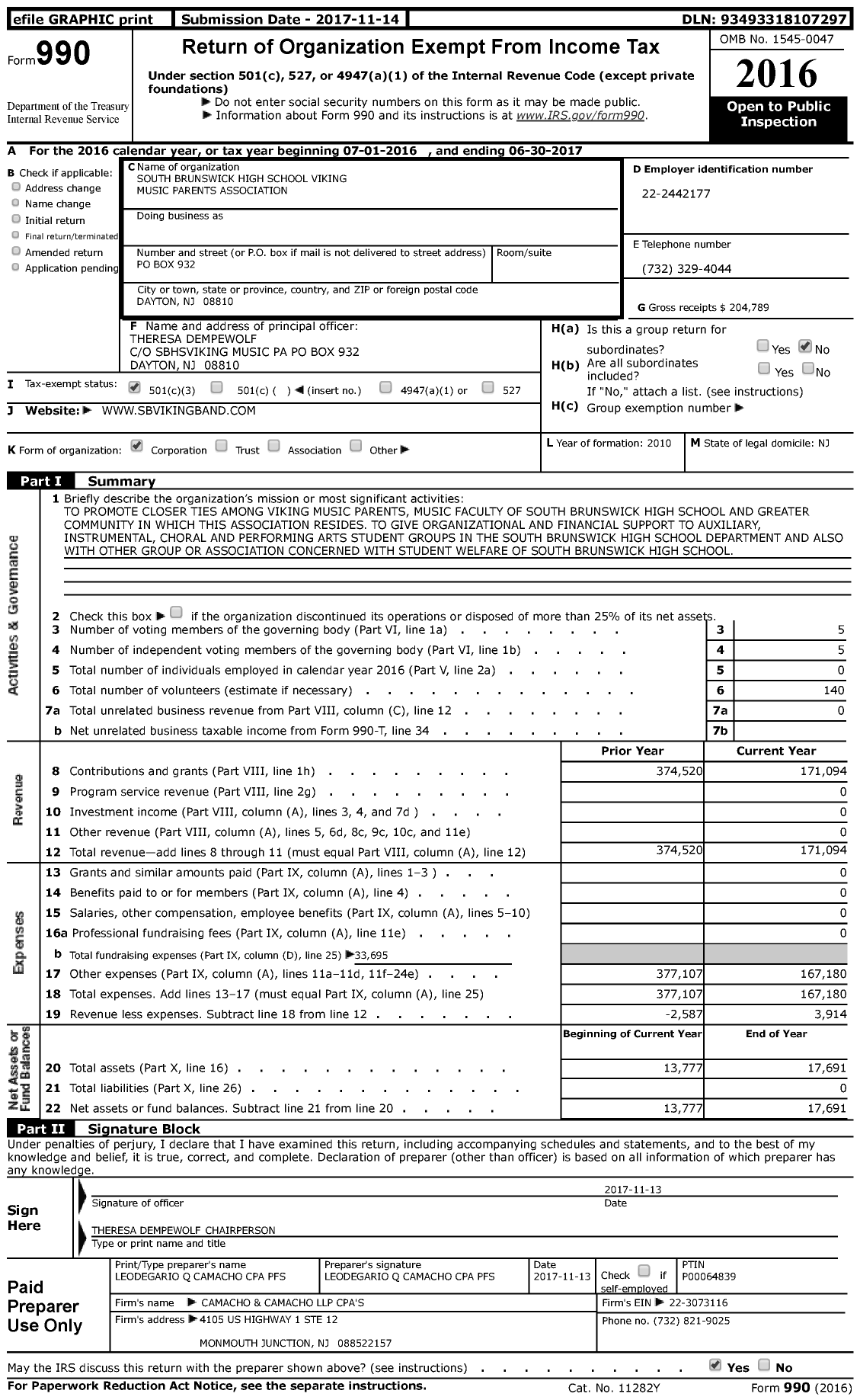 Image of first page of 2016 Form 990 for South Brunswick High School Viking Performing Arts Parents Association
