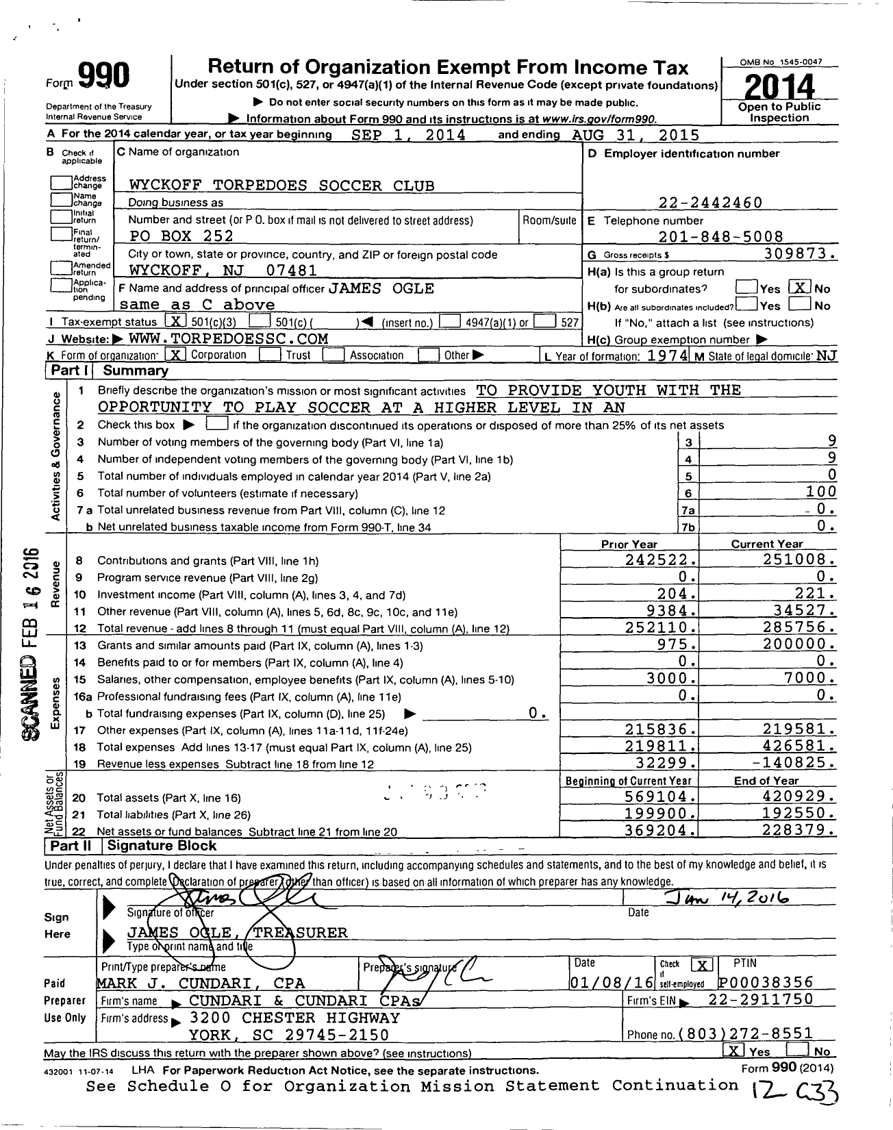 Image of first page of 2014 Form 990 for Wyckoff Torpedoes Soccer Club