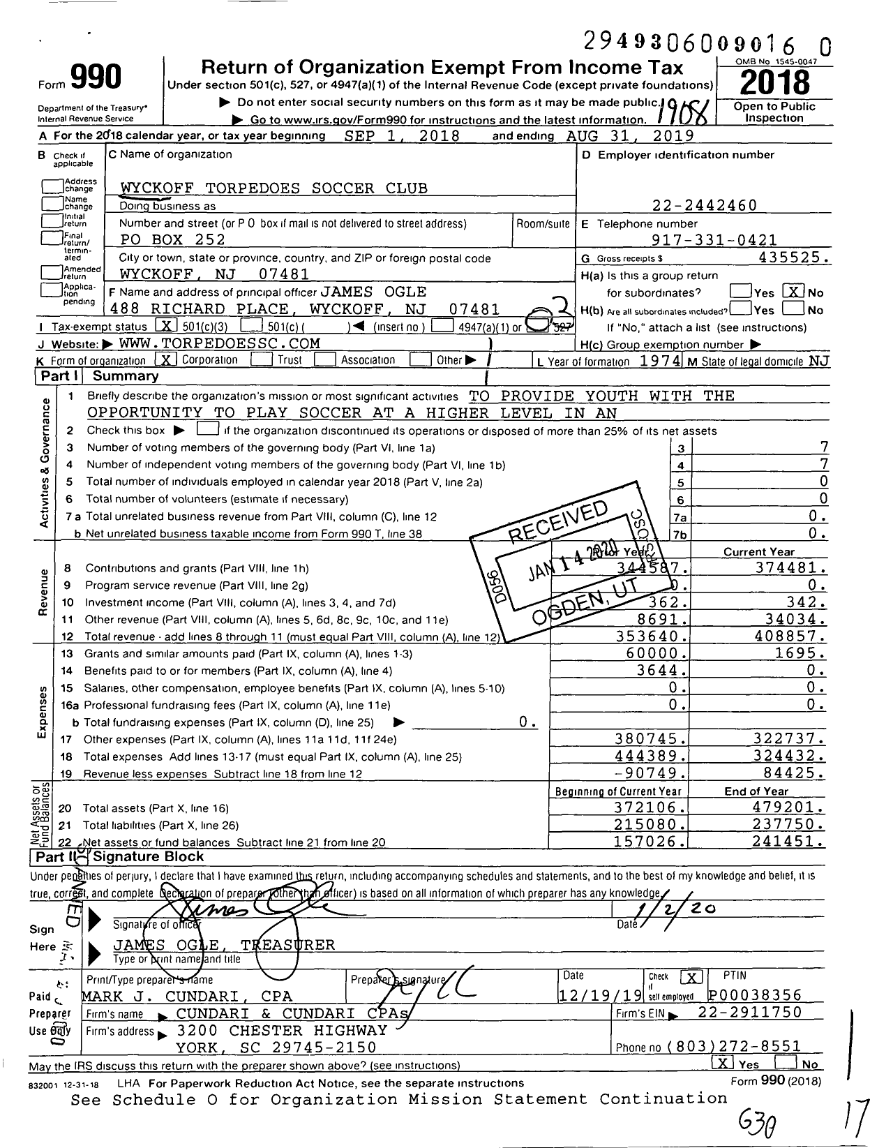 Image of first page of 2018 Form 990 for Wyckoff Torpedoes Soccer Club