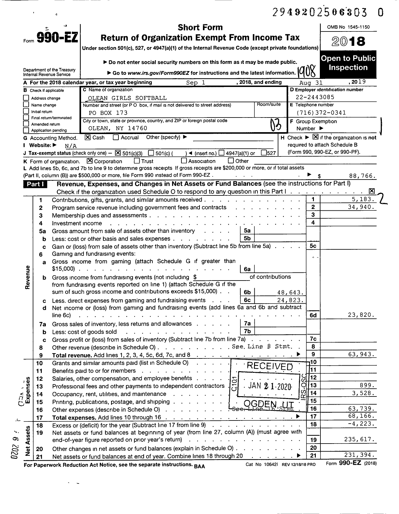 Image of first page of 2018 Form 990EZ for Olean Girls Softball