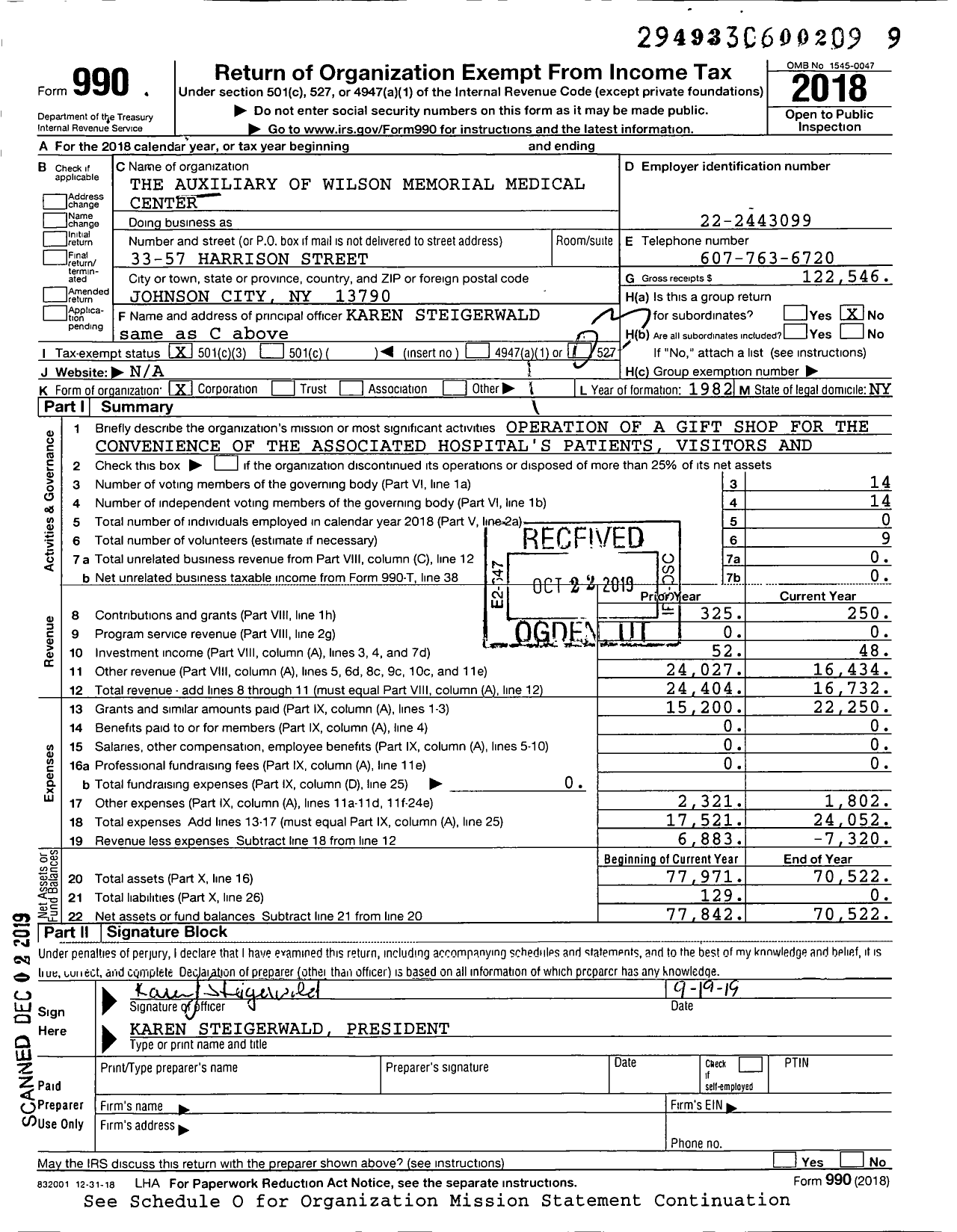 Image of first page of 2018 Form 990 for The Auxiliary of Wilson Memorial Medical Center