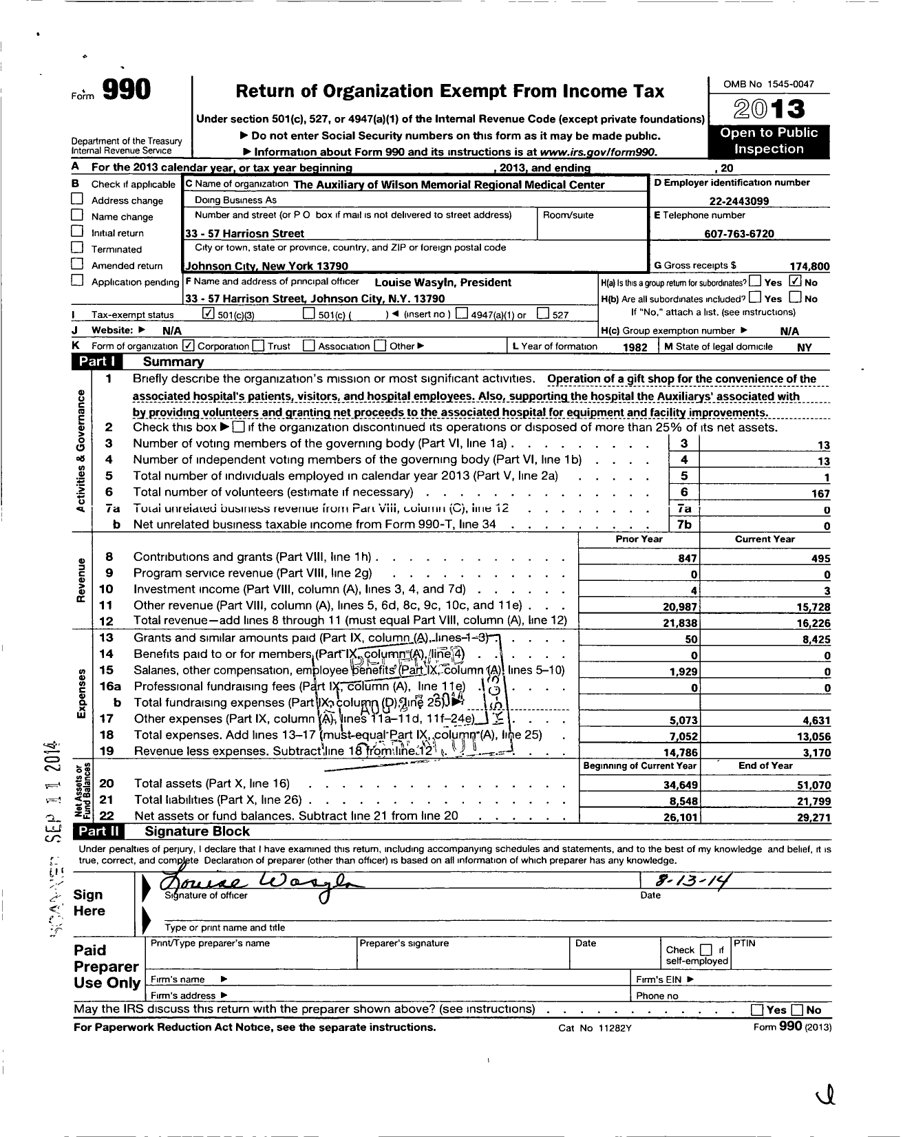 Image of first page of 2013 Form 990 for The Auxiliary of Wilson Memorial Medical Center