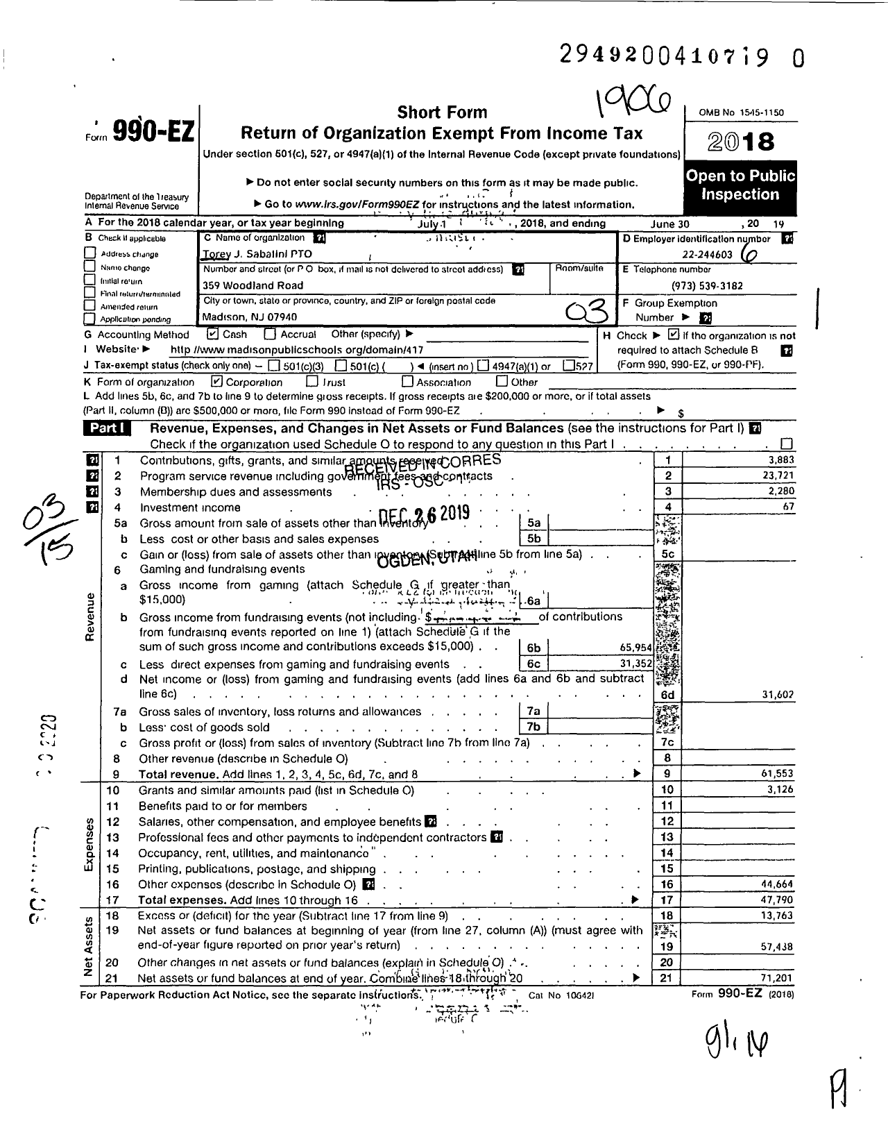 Image of first page of 2018 Form 990EZ for Torey J Sabatini School Parent Teacher Organization