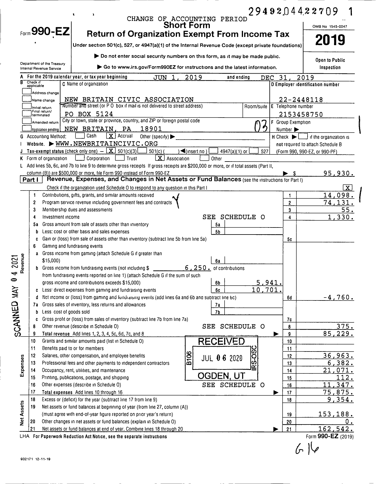 Image of first page of 2019 Form 990EZ for New Britain Civic Association