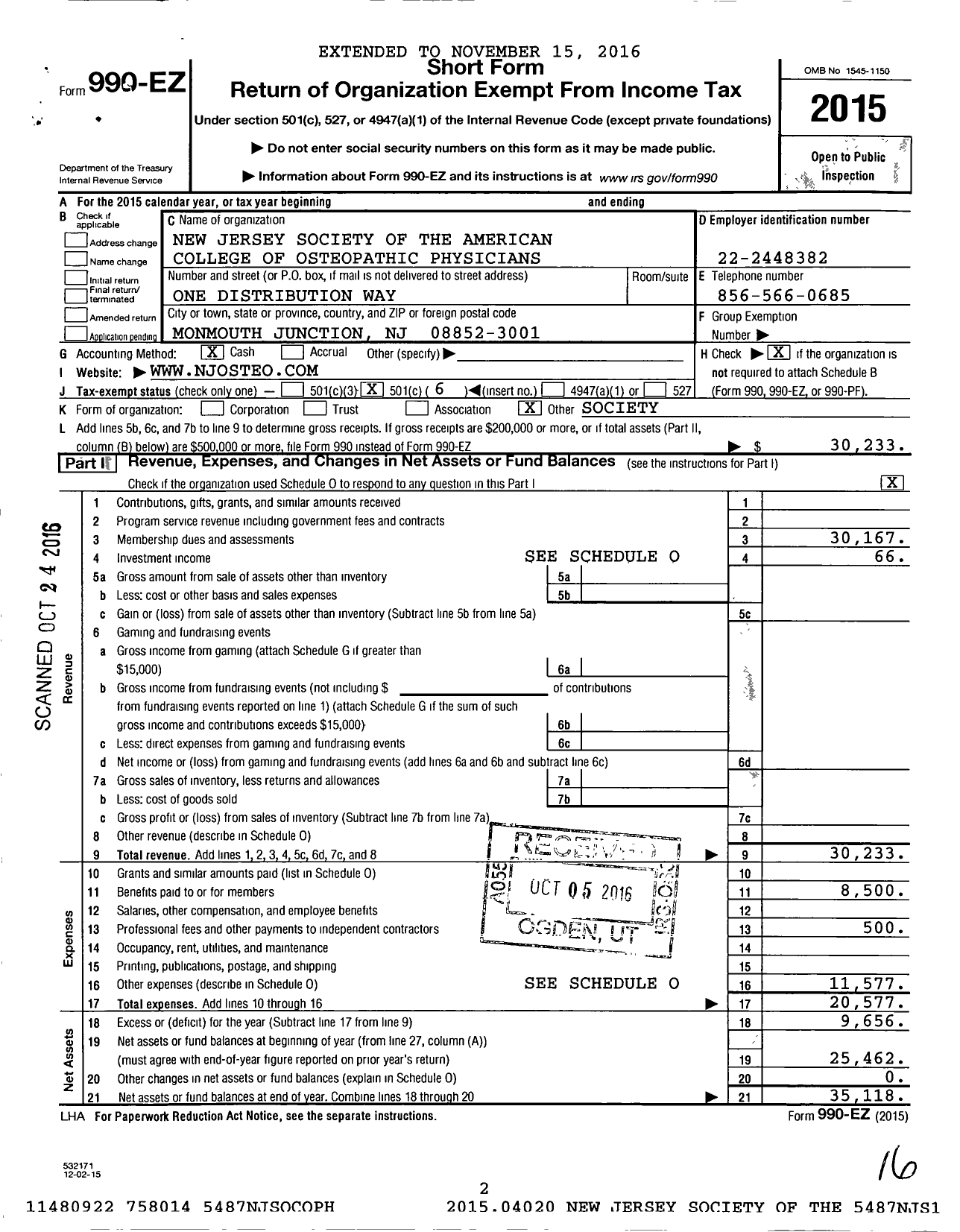 Image of first page of 2015 Form 990EO for NJ Society of the American College of Osteopathic Family Physicians