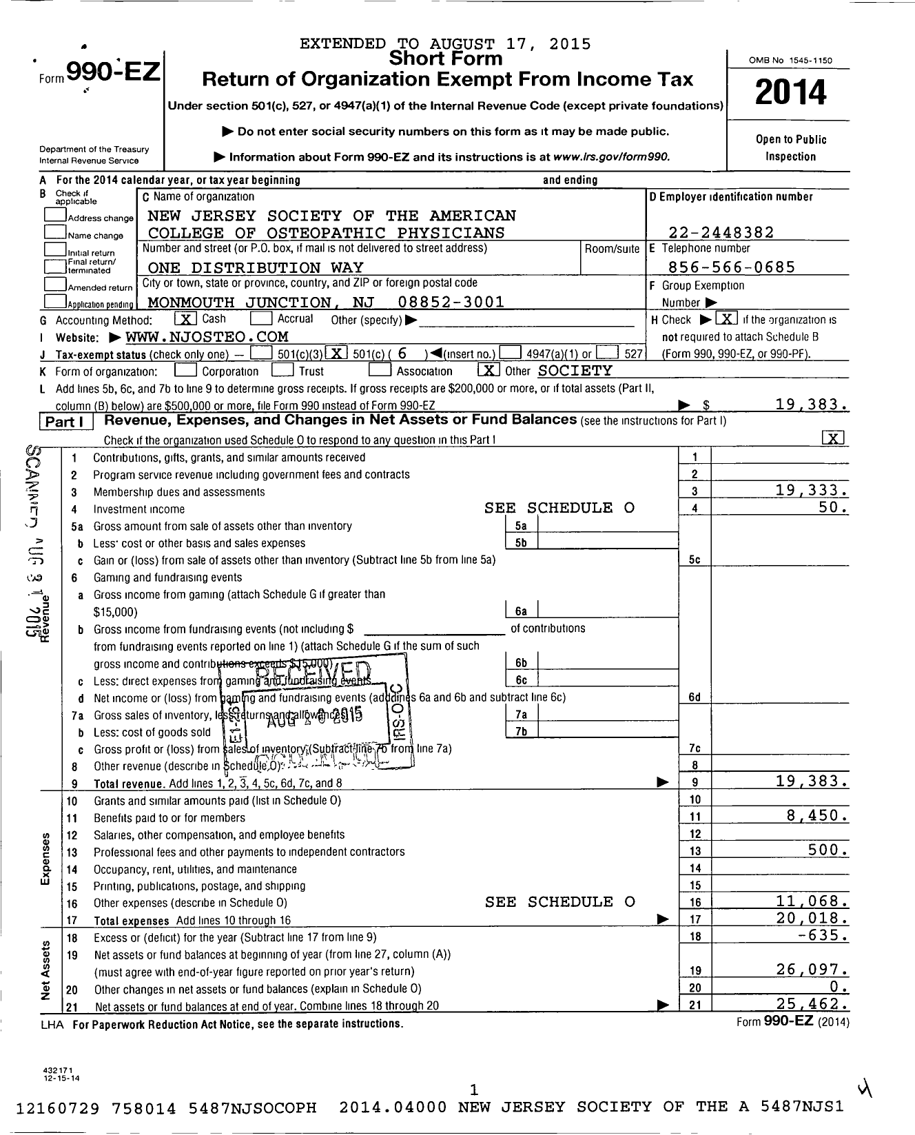 Image of first page of 2014 Form 990EO for NJ Society of the American College of Osteopathic Family Physicians