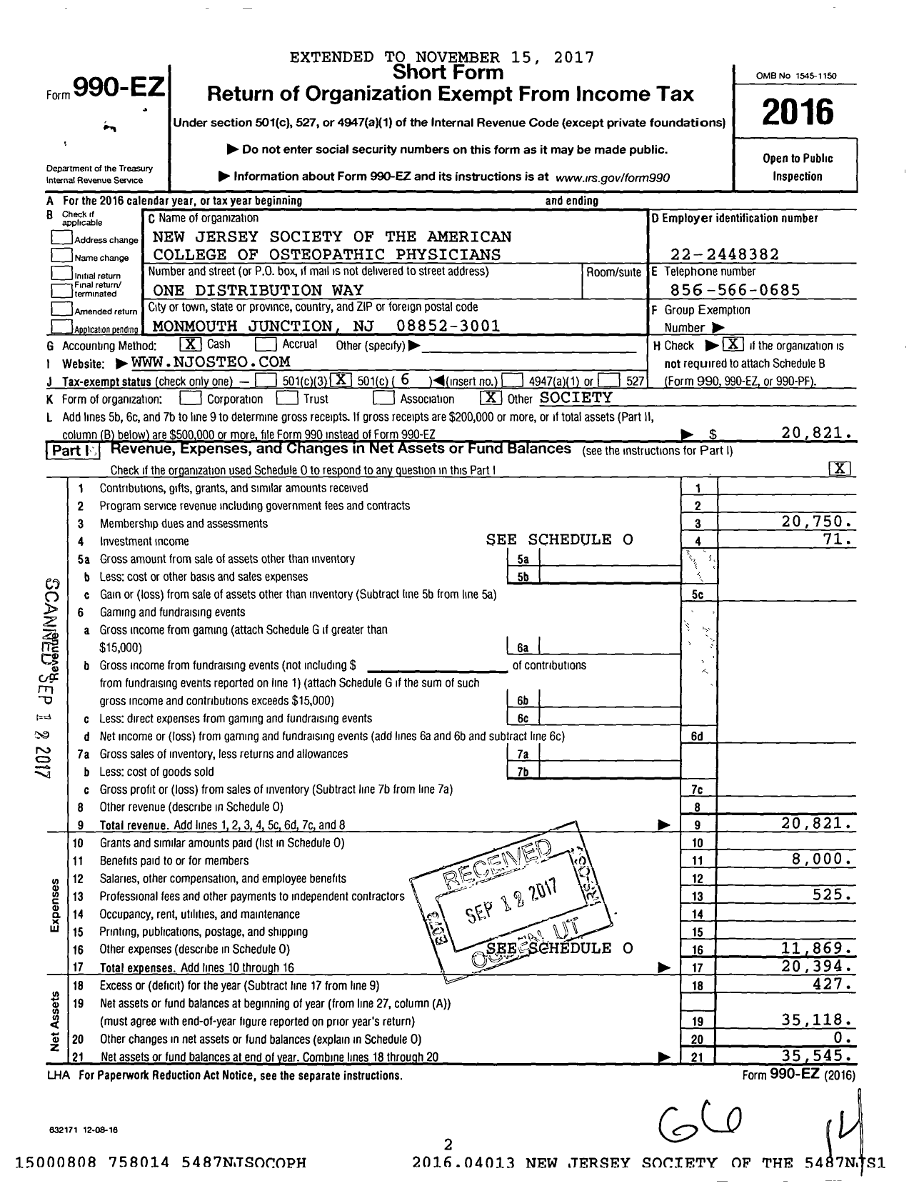 Image of first page of 2016 Form 990EO for NJ Society of the American College of Osteopathic Family Physicians