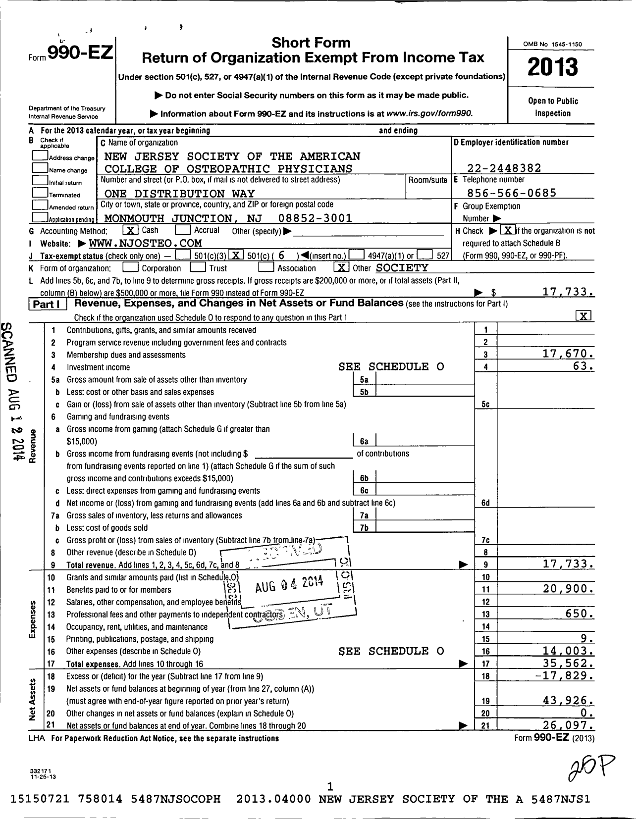 Image of first page of 2013 Form 990EO for NJ Society of the American College of Osteopathic Family Physicians