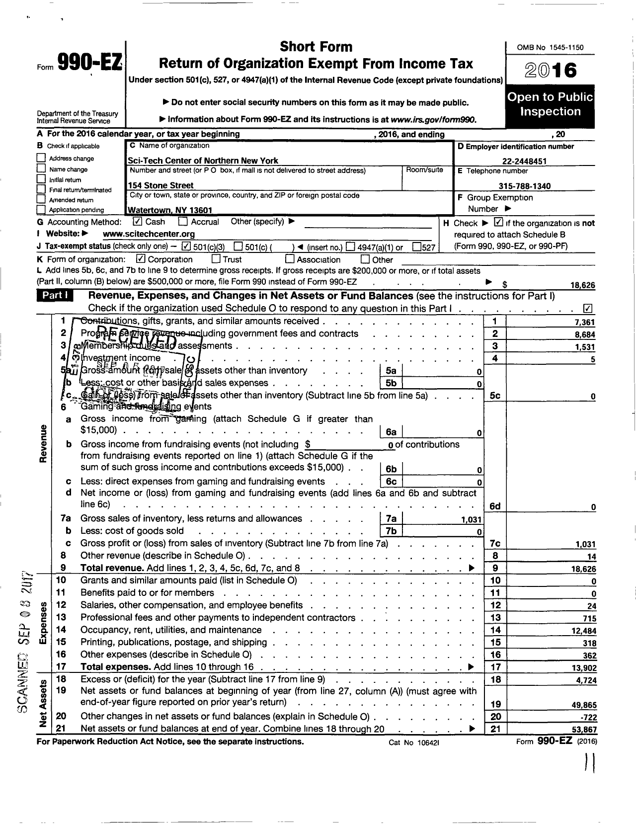 Image of first page of 2016 Form 990EZ for Sci-Tech Center of Northern Ny