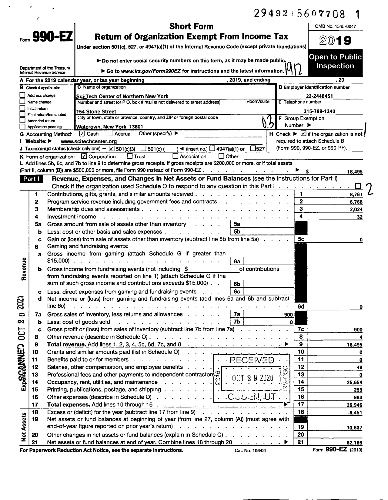 Image of first page of 2019 Form 990EZ for Sci-Tech Center of Northern Ny