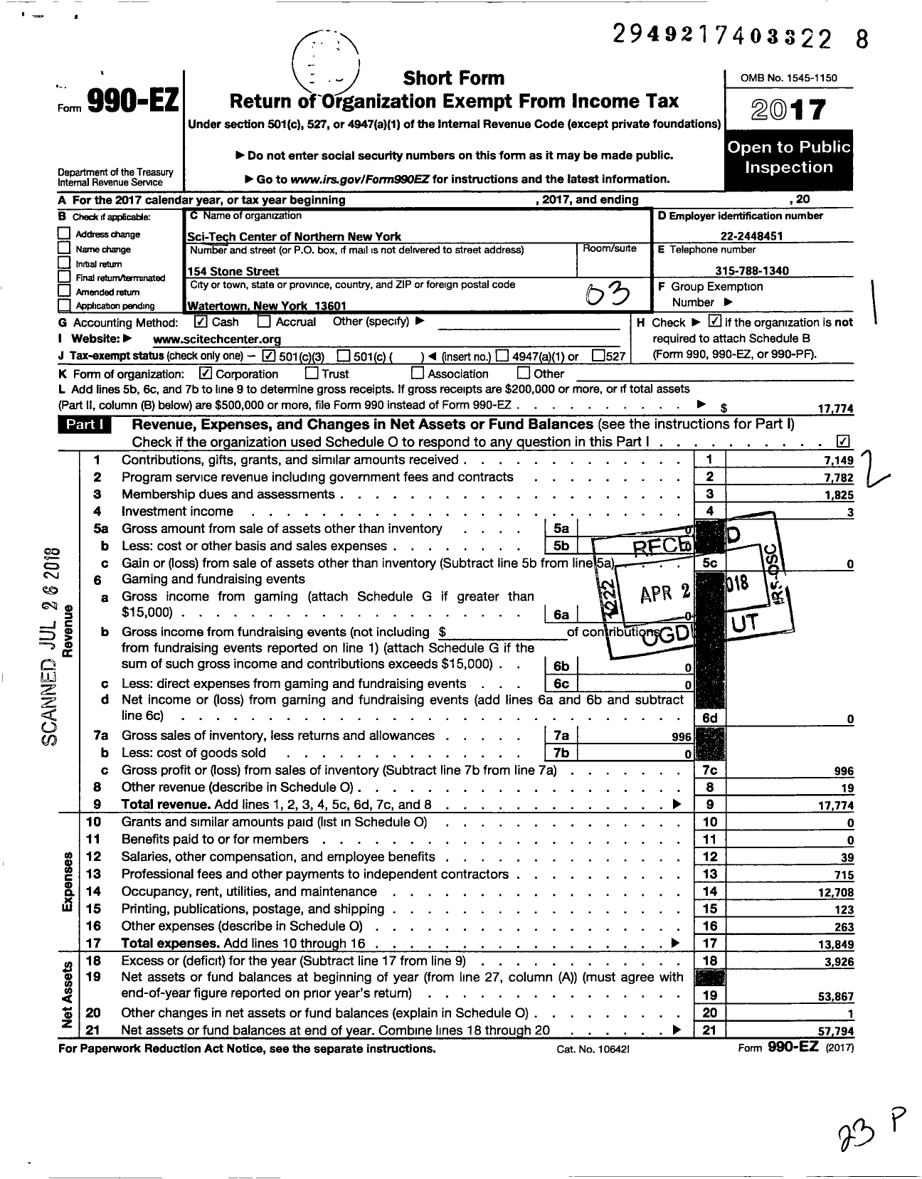 Image of first page of 2017 Form 990EZ for Sci-Tech Center of Northern Ny