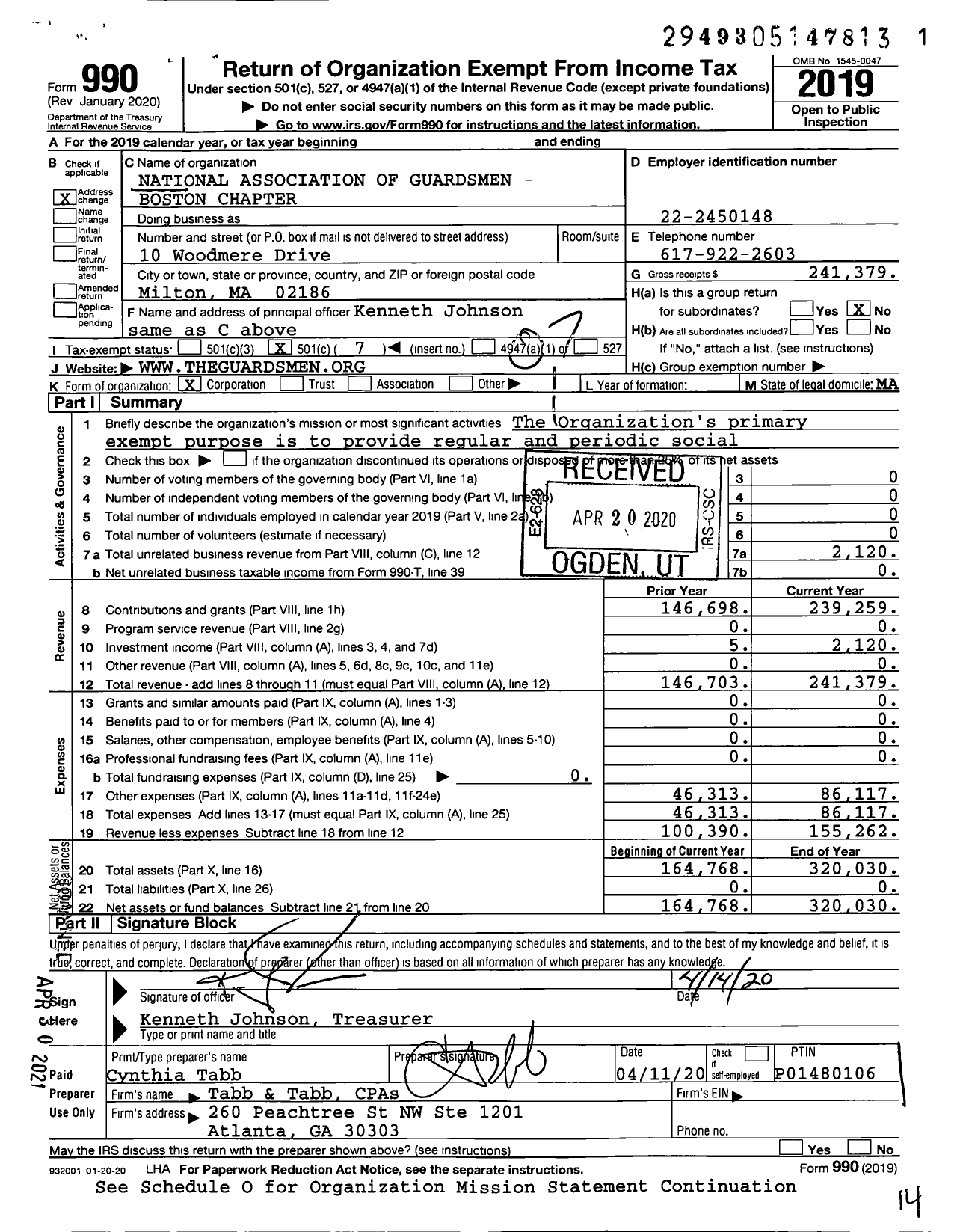 Image of first page of 2019 Form 990O for National Association of Guardsmen - Boston Chapter