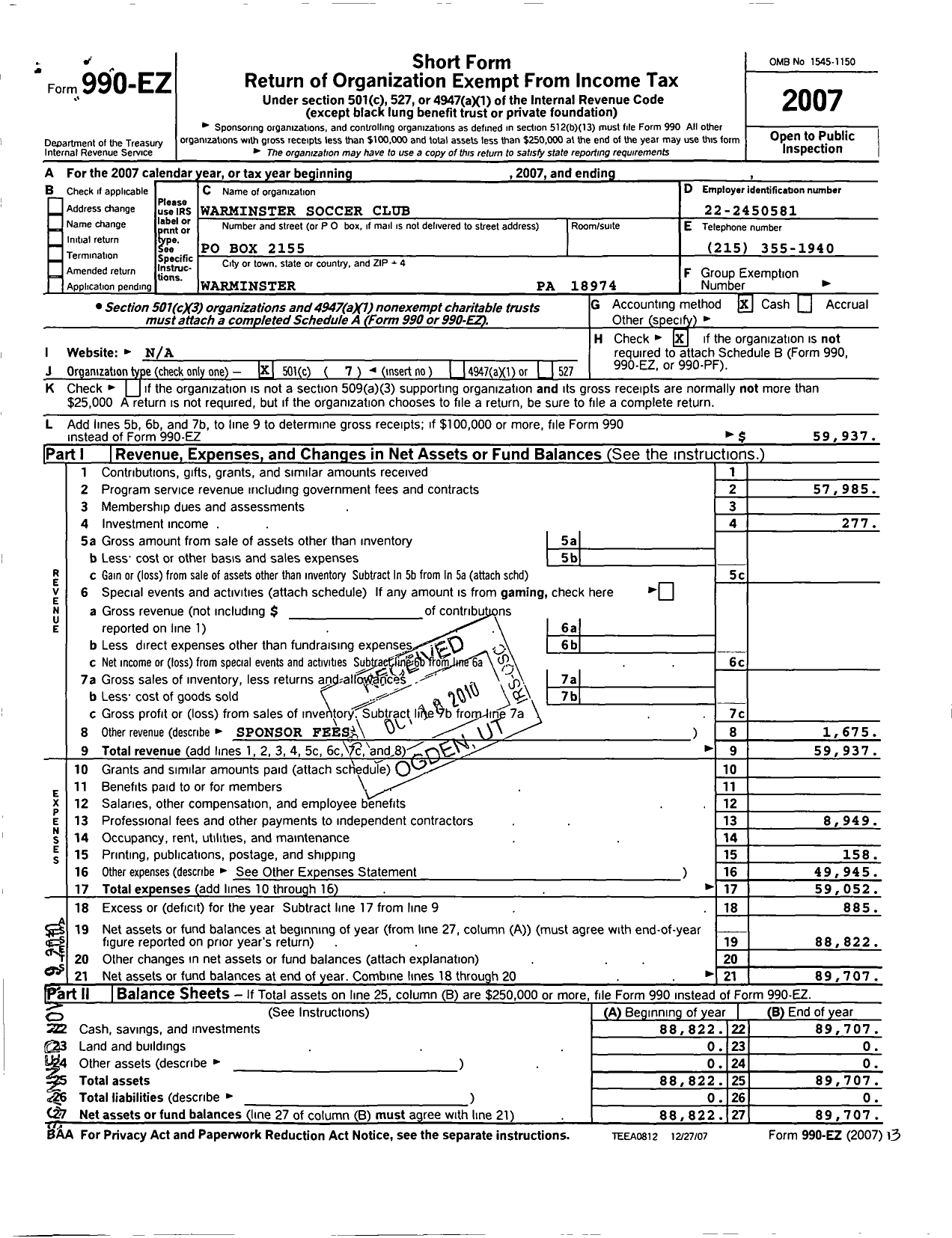 Image of first page of 2007 Form 990EO for Warminster Soccer Club