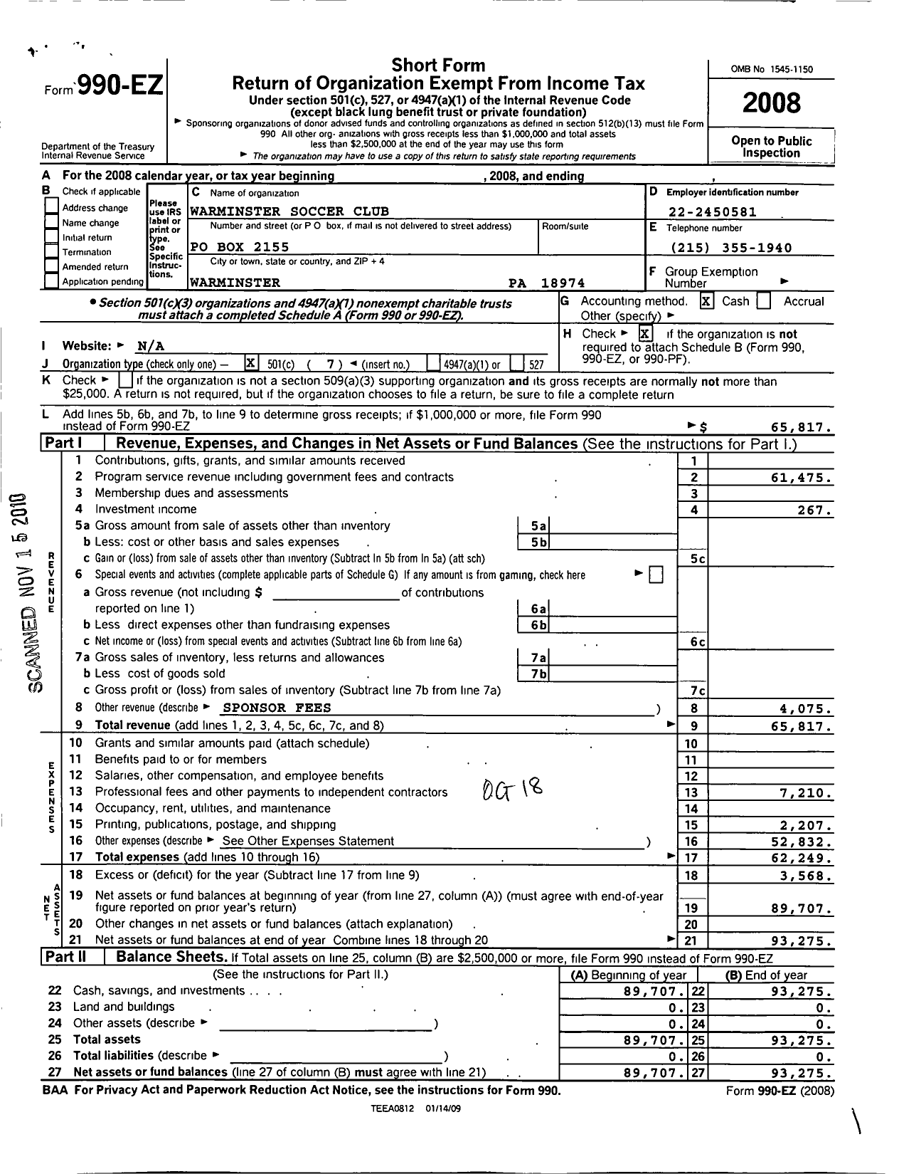 Image of first page of 2008 Form 990EO for Warminster Soccer Club