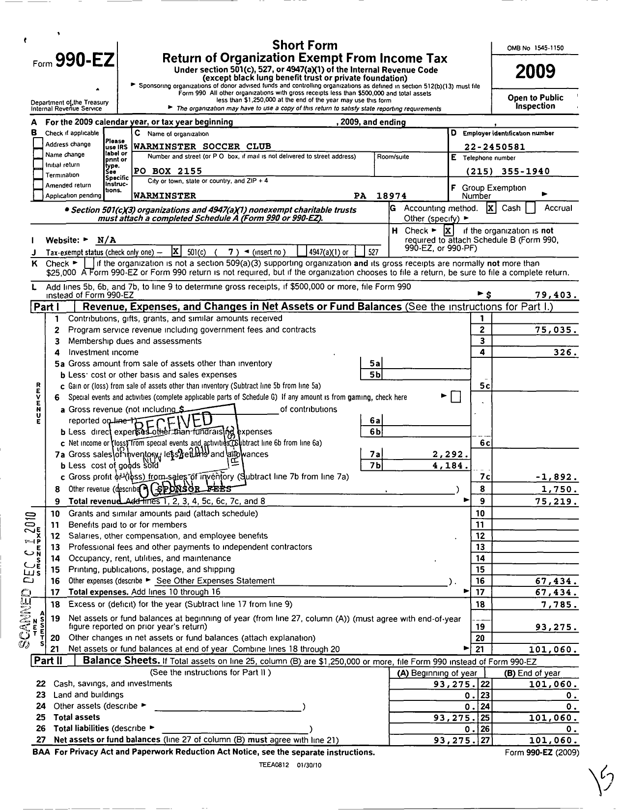 Image of first page of 2009 Form 990EO for Warminster Soccer Club